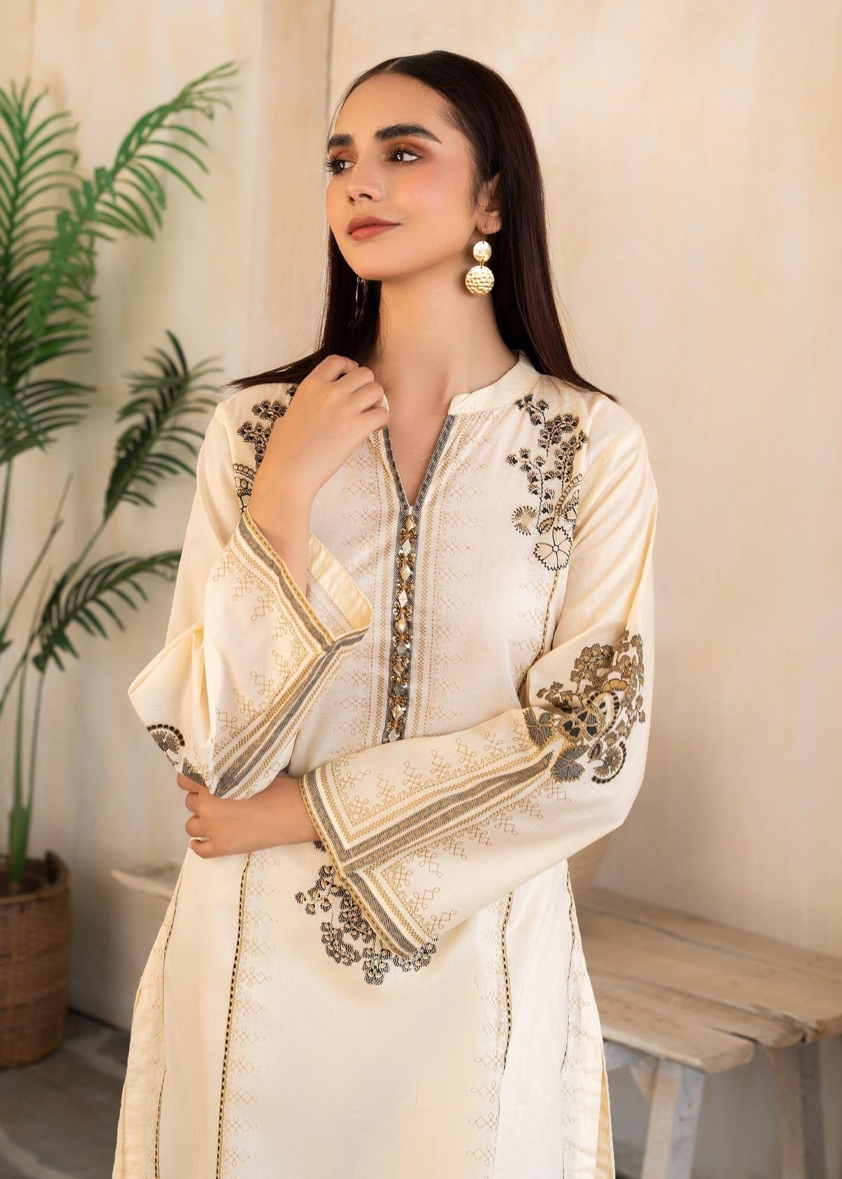 Printed Lawn Long Kurta 2-Piece Suit – Cream, Summer Wear