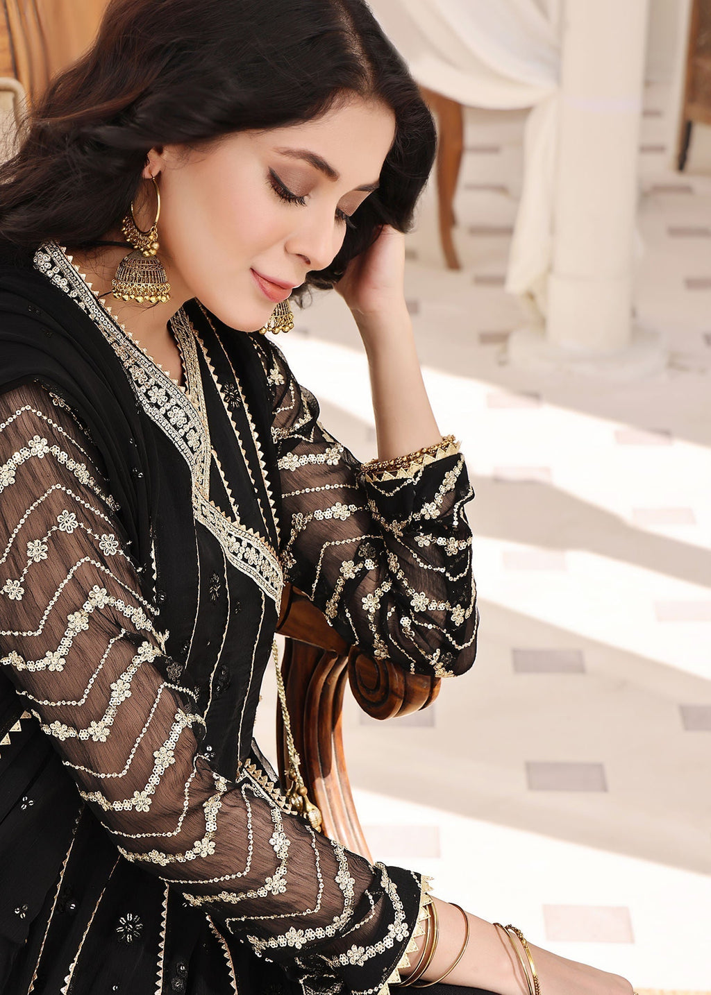 Embroidered Chiffon Long Angrakha 4-Piece Suit – Black