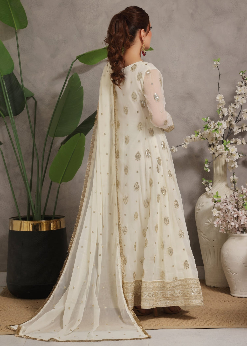 Embroidered Chiffon Floor-Length Pishwas 3-Piece Suit – Off-White