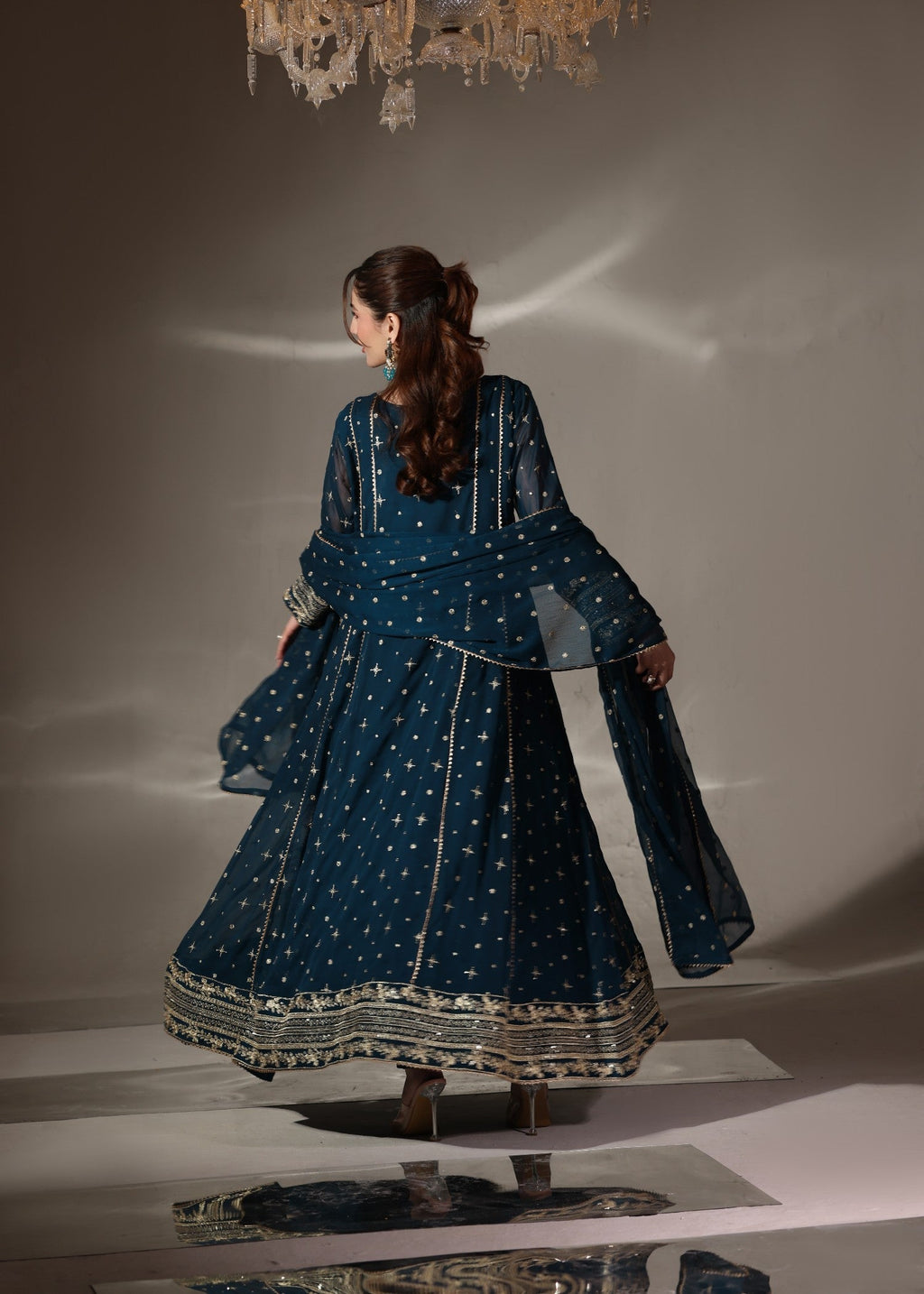 Embroidered Chiffon Flared Pishwas 3-Piece Suit – Teal