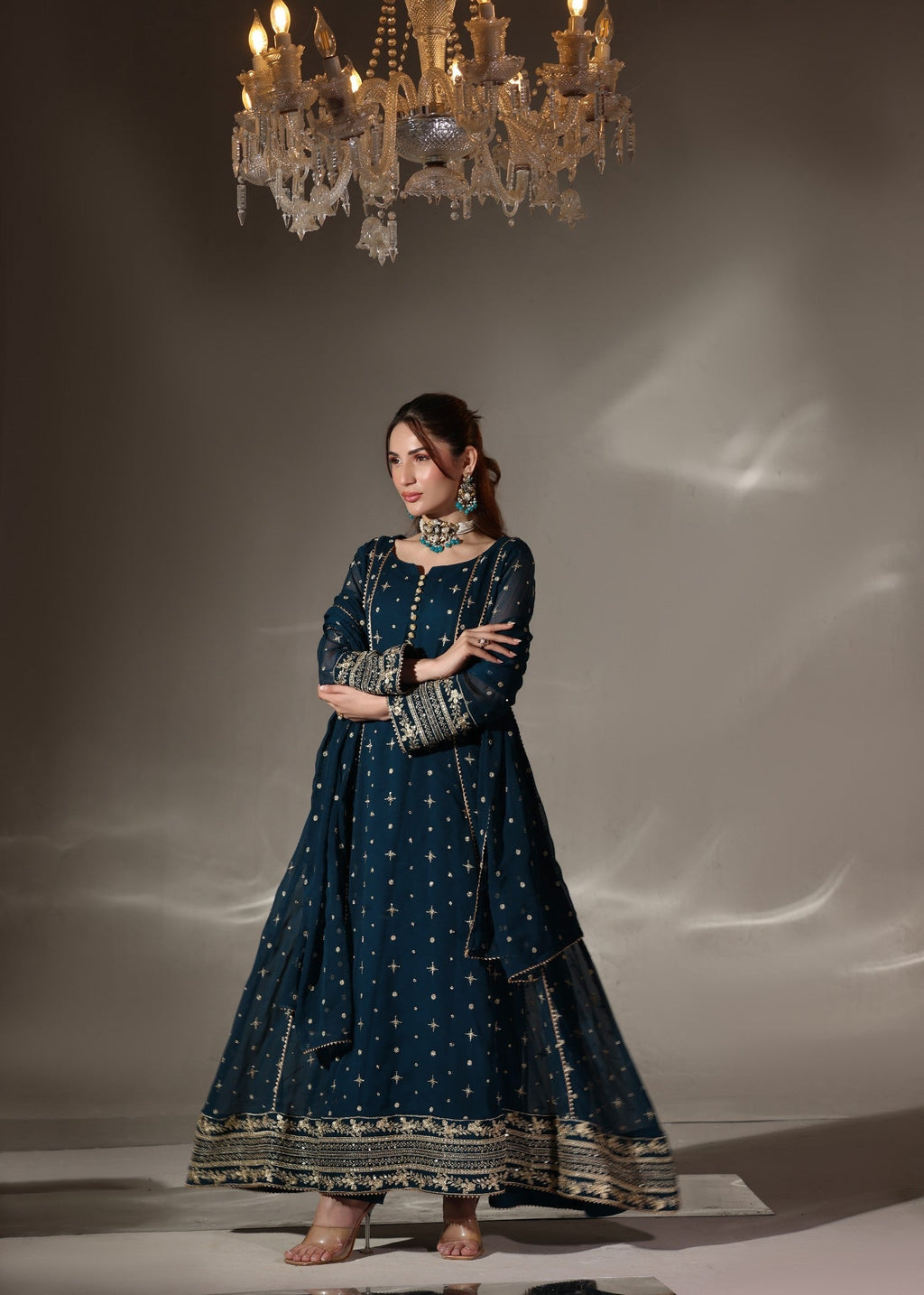 Embroidered Chiffon Flared Pishwas 3-Piece Suit – Teal