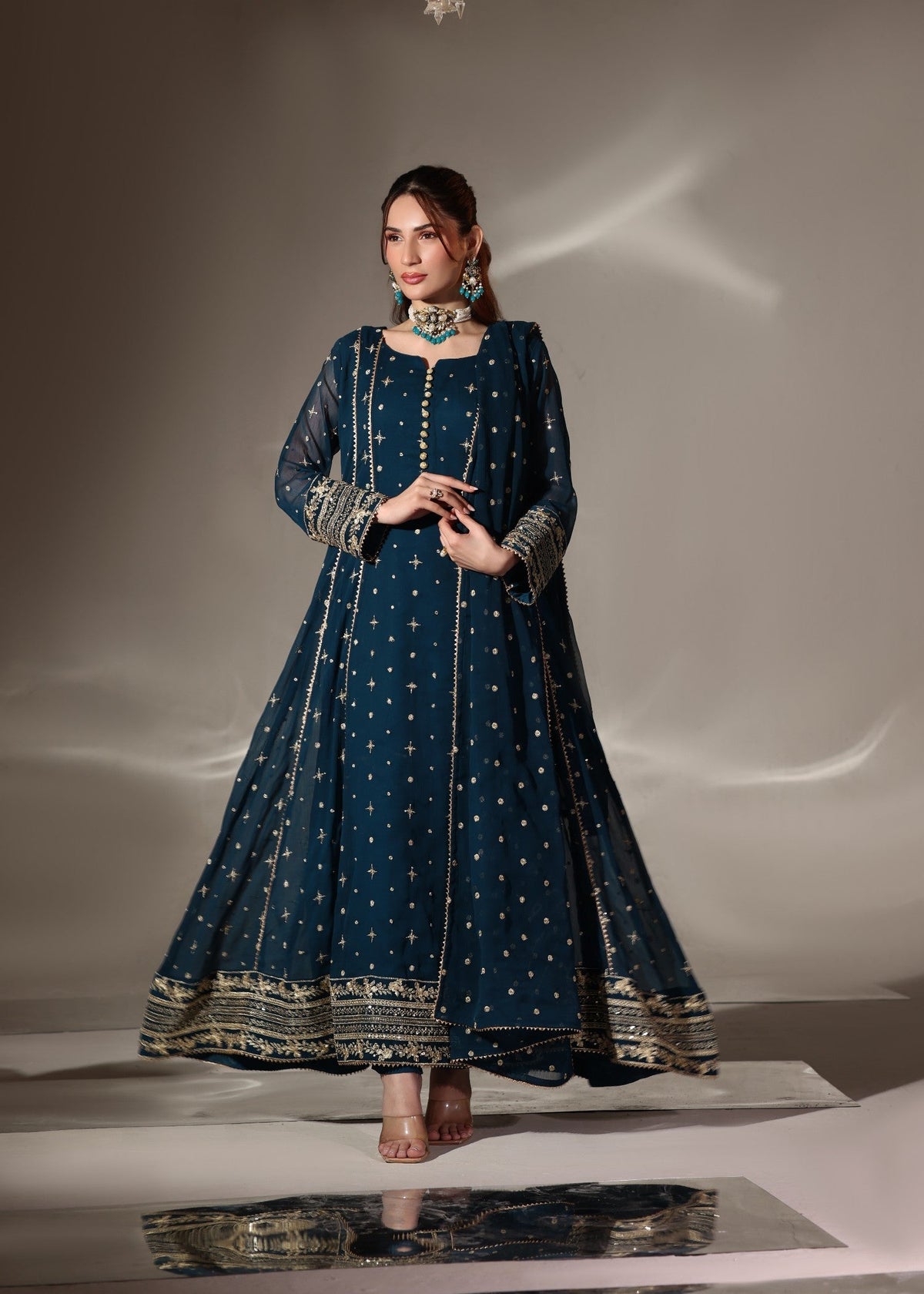 Embroidered Chiffon Flared Pishwas 3-Piece Suit – Teal