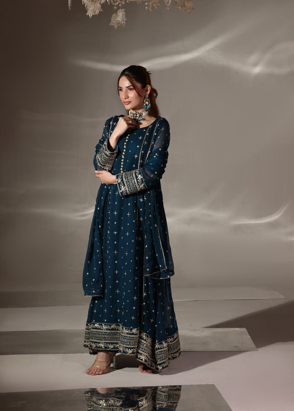 Embroidered Chiffon Flared Pishwas 3-Piece Suit – Teal