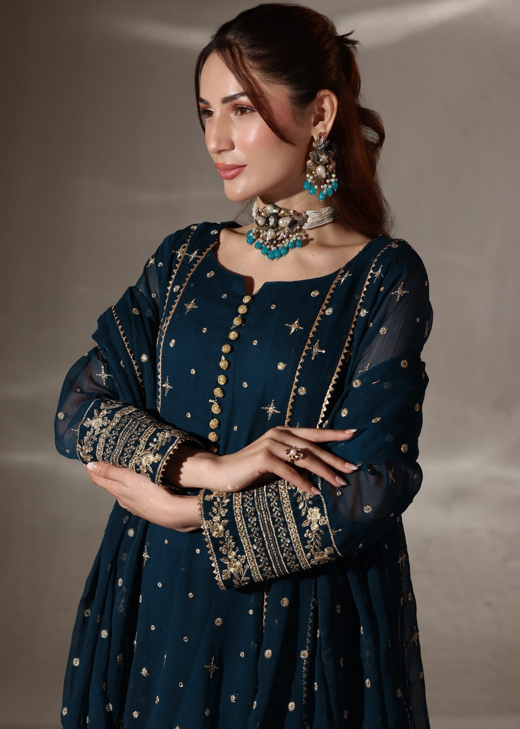 Embroidered Chiffon Flared Pishwas 3-Piece Suit – Teal
