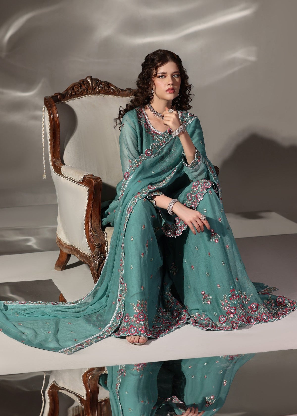 Embroidered PK Chiffon Kurti with Sharara 3-Piece Suit – Sea Green