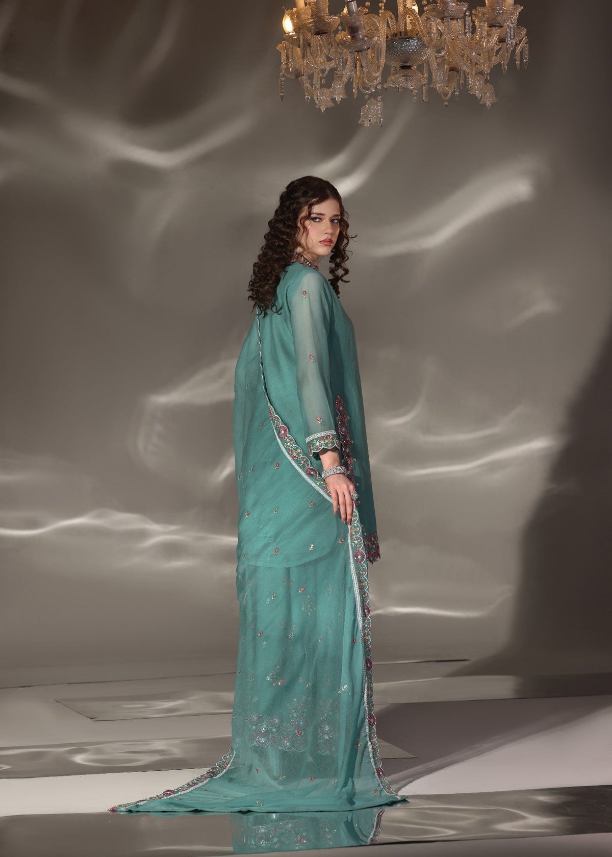 Embroidered PK Chiffon Kurti with Sharara 3-Piece Suit – Sea Green
