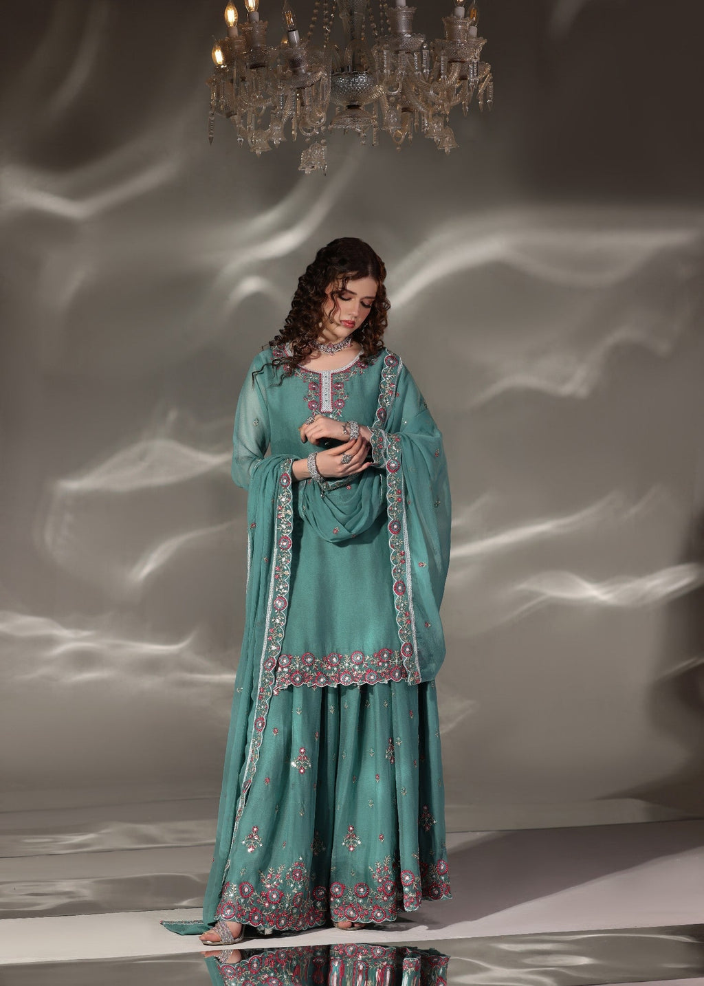 Embroidered PK Chiffon Kurti with Sharara 3-Piece Suit – Sea Green