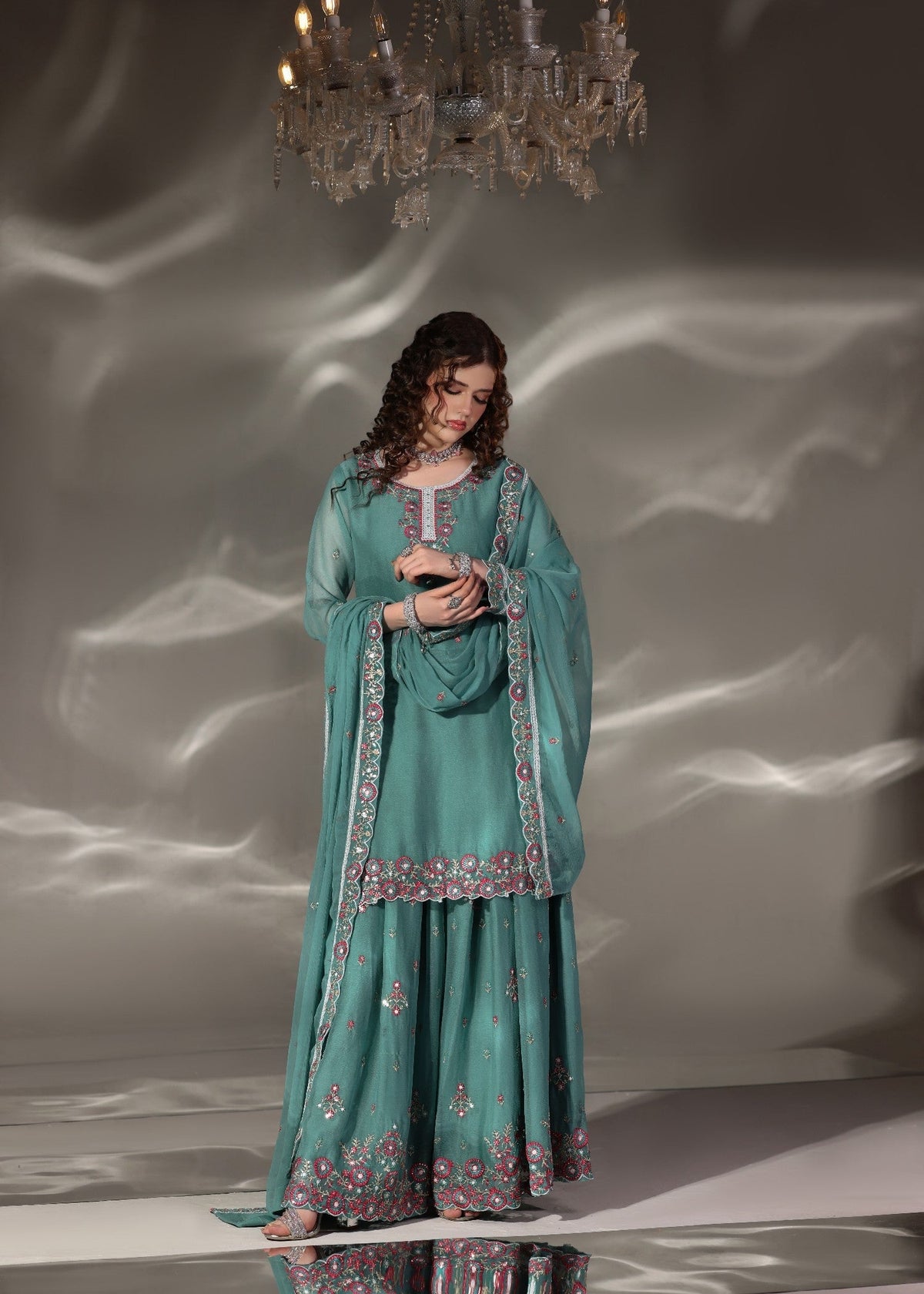 Embroidered PK Chiffon Kurti with Sharara 3-Piece Suit – Sea Green