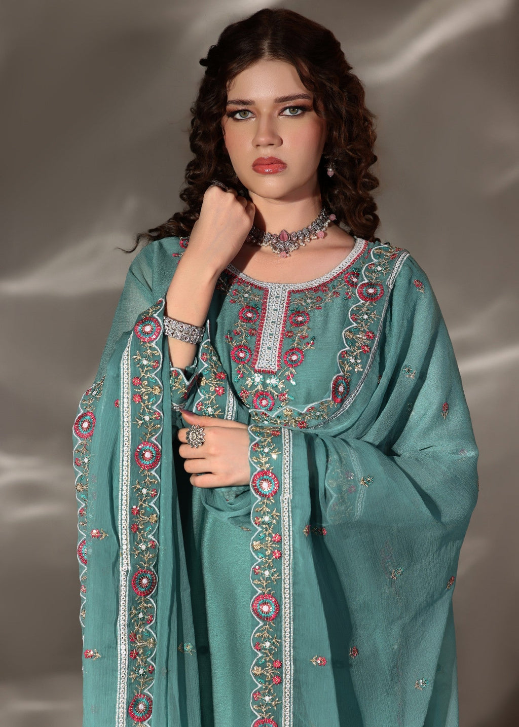 Embroidered PK Chiffon Kurti with Sharara 3-Piece Suit – Sea Green