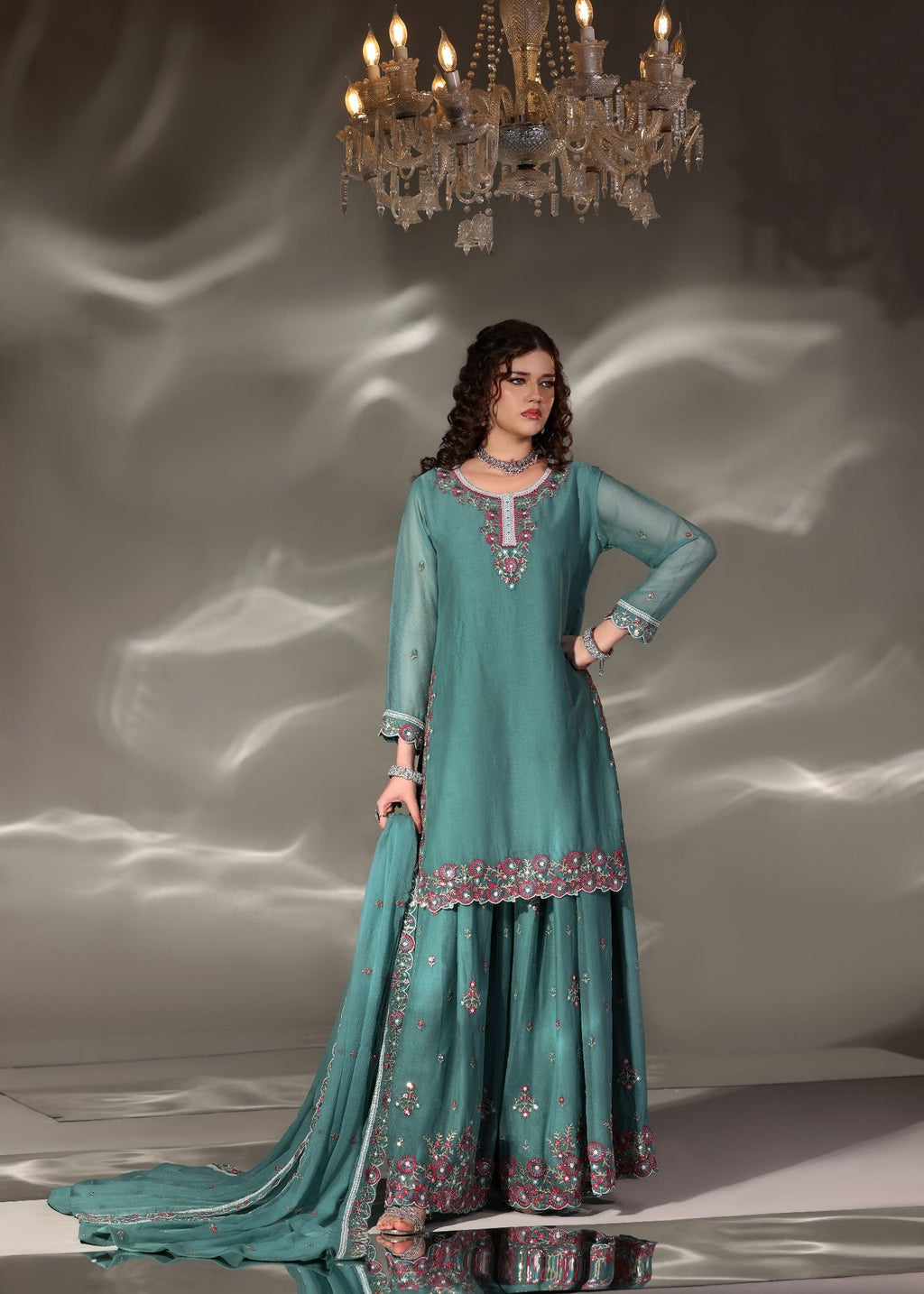 Embroidered PK Chiffon Kurti with Sharara 3-Piece Suit – Sea Green