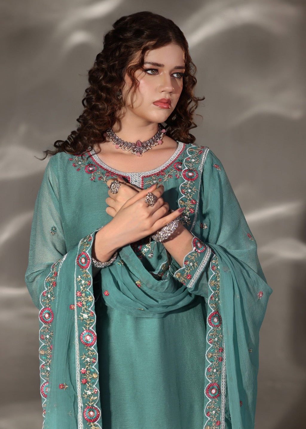 Embroidered PK Chiffon Kurti with Sharara 3-Piece Suit – Sea Green