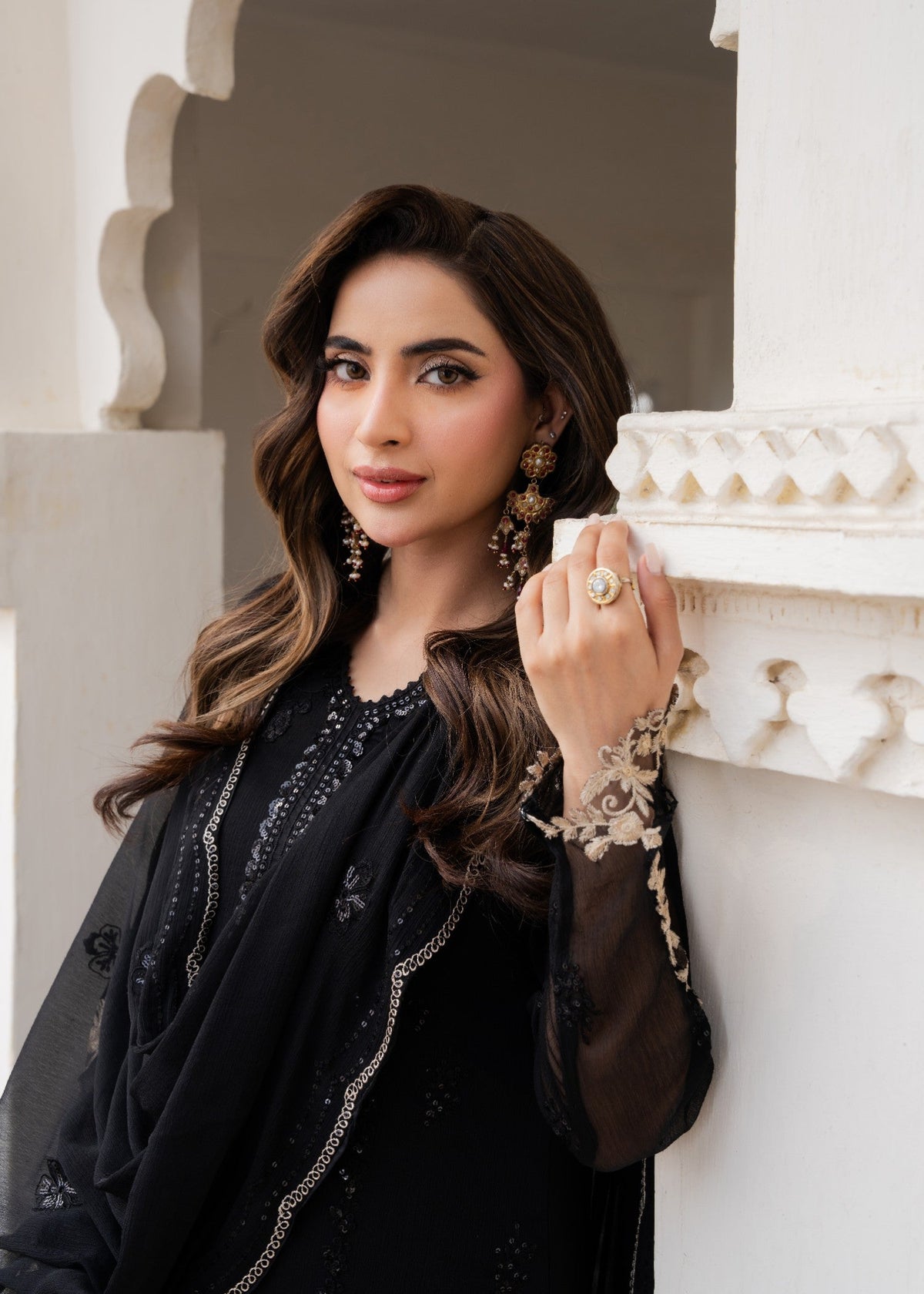 Embroidered Chiffon Straight Kurta 3-Piece Suit – Black