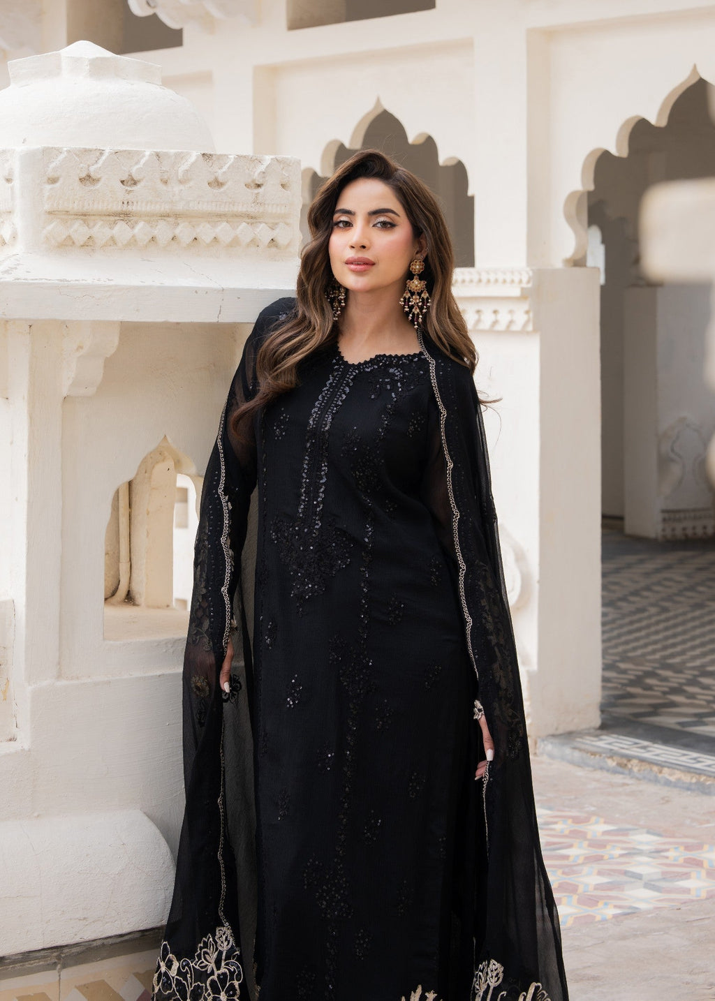 Embroidered Chiffon Straight Kurta 3-Piece Suit – Black