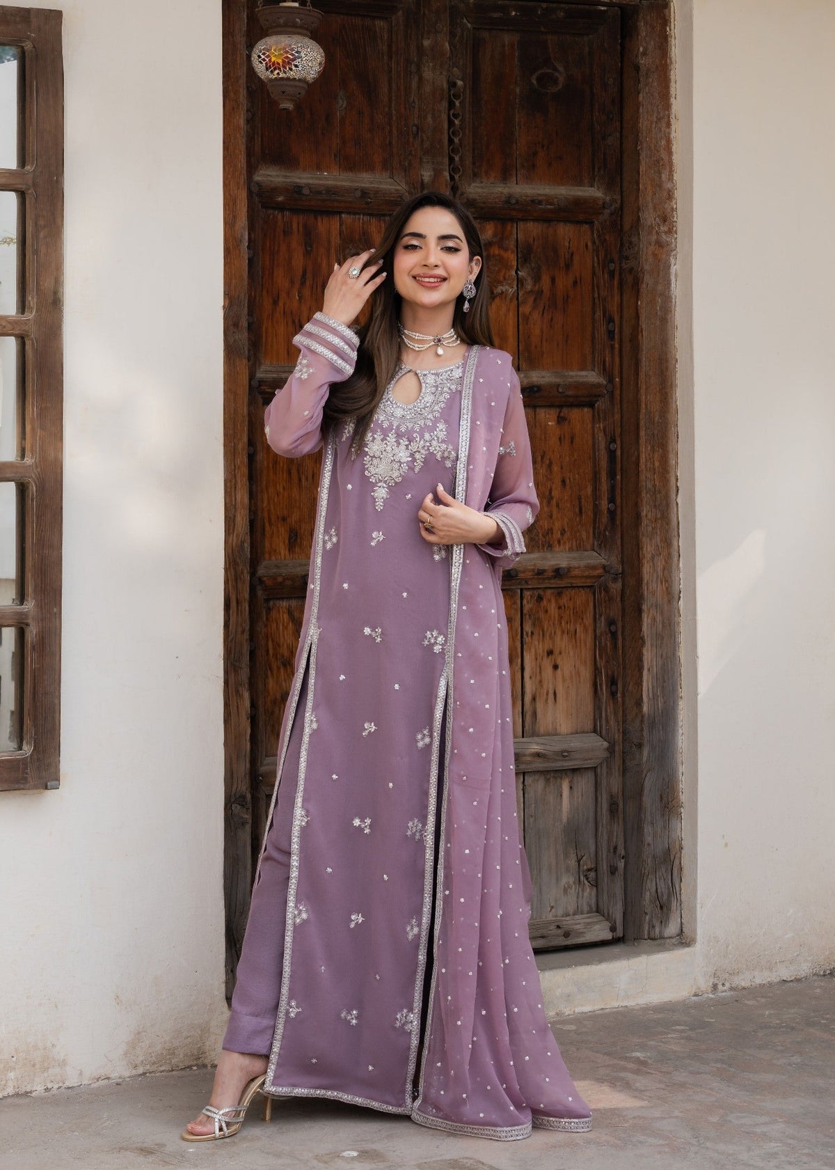 Embroidered Chiffon Straight Pishwas 3-Piece Suit – Heathered Lilac