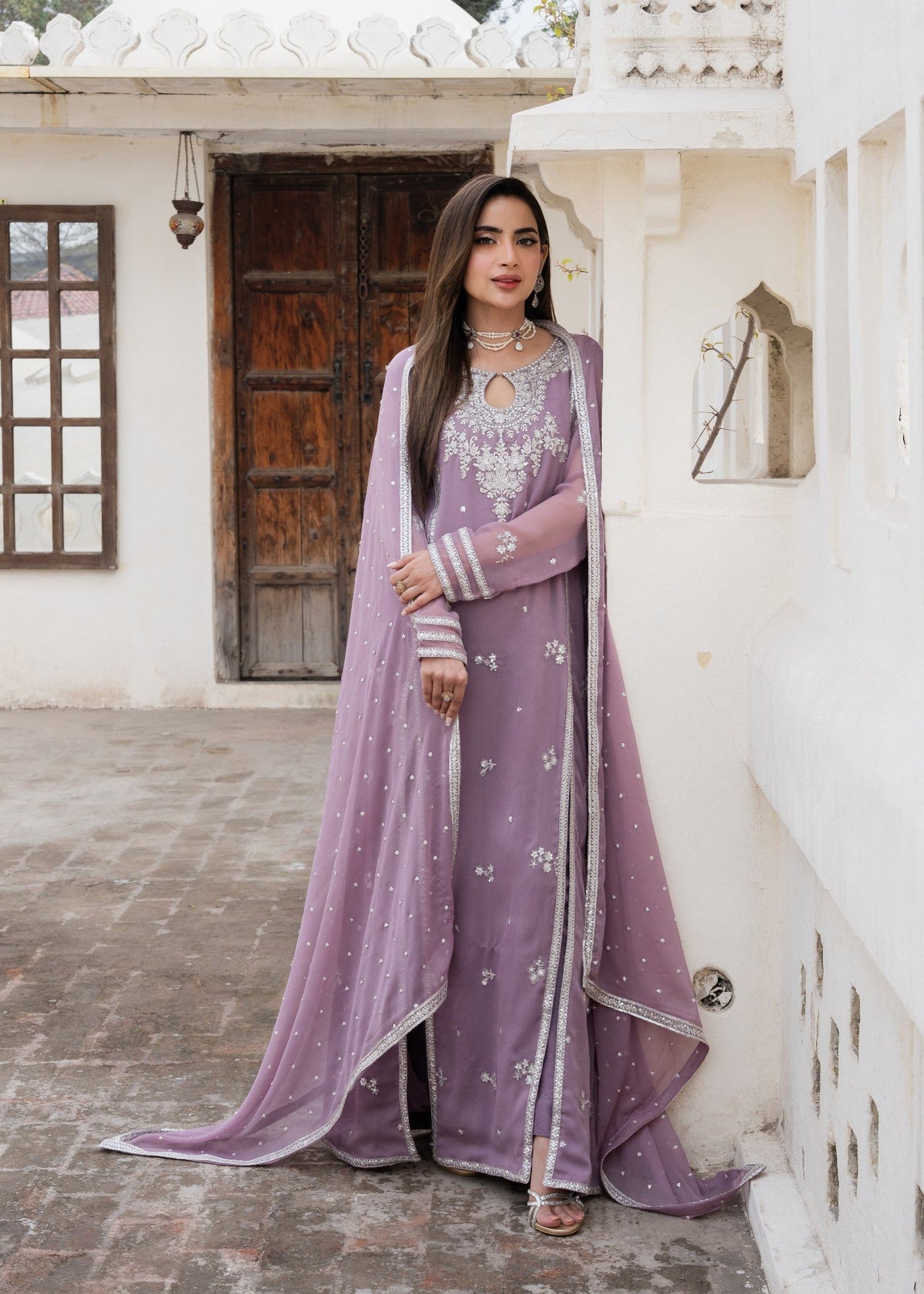 Embroidered Chiffon Straight Pishwas 3-Piece Suit – Heathered Lilac