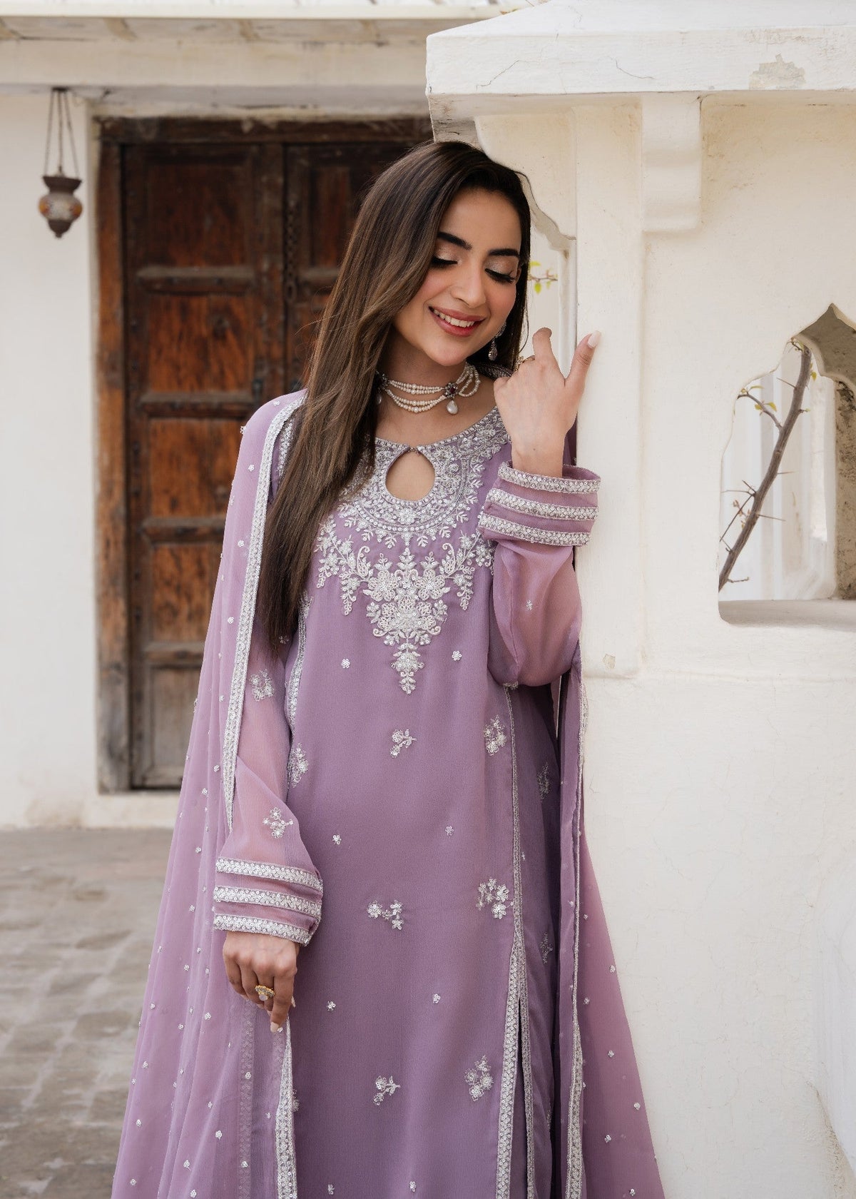 Embroidered Chiffon Straight Pishwas 3-Piece Suit – Heathered Lilac