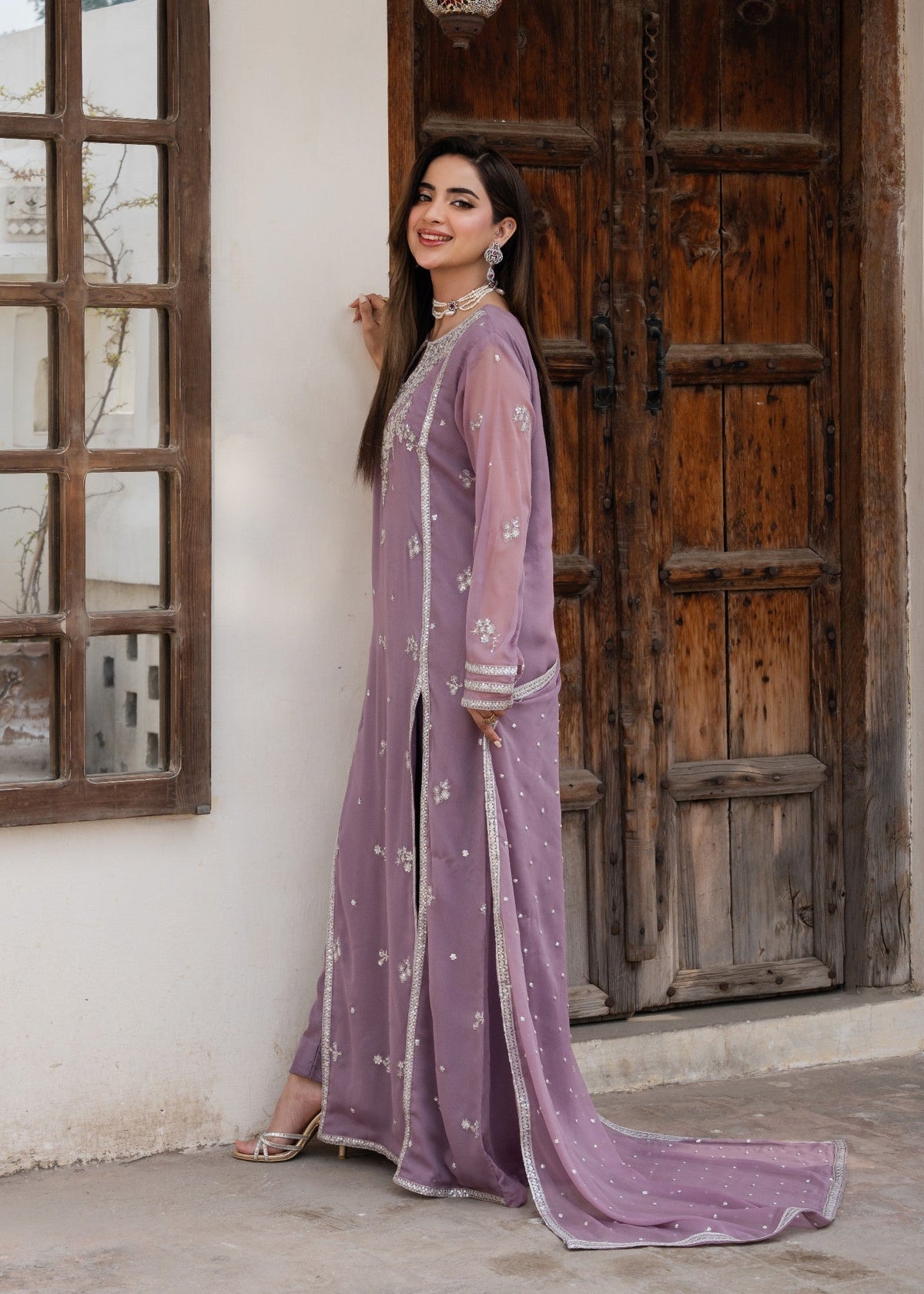 Embroidered Chiffon Straight Pishwas 3-Piece Suit – Heathered Lilac