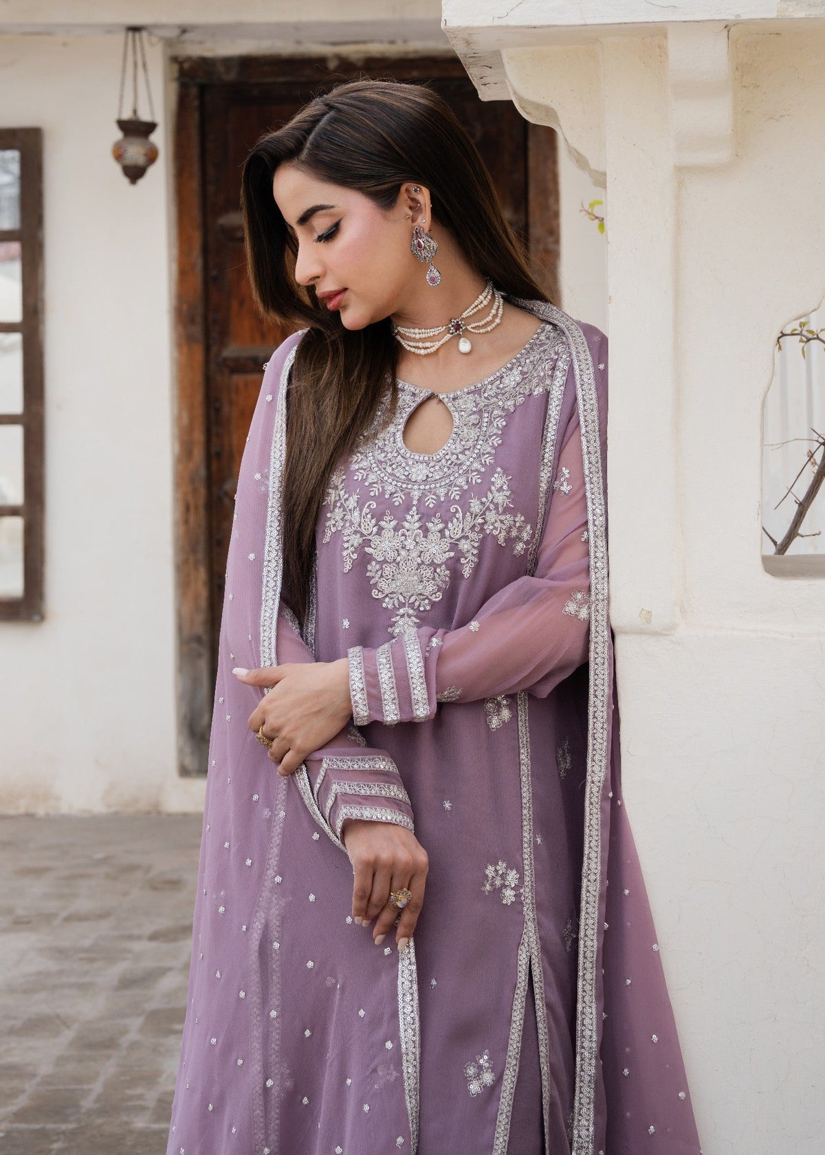 Embroidered Chiffon Straight Pishwas 3-Piece Suit – Heathered Lilac