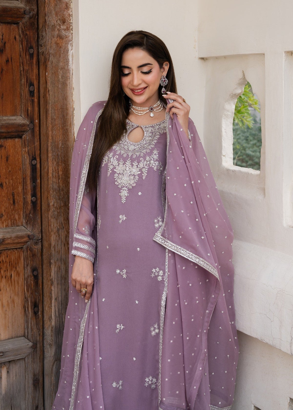 Embroidered Chiffon Straight Pishwas 3-Piece Suit – Heathered Lilac