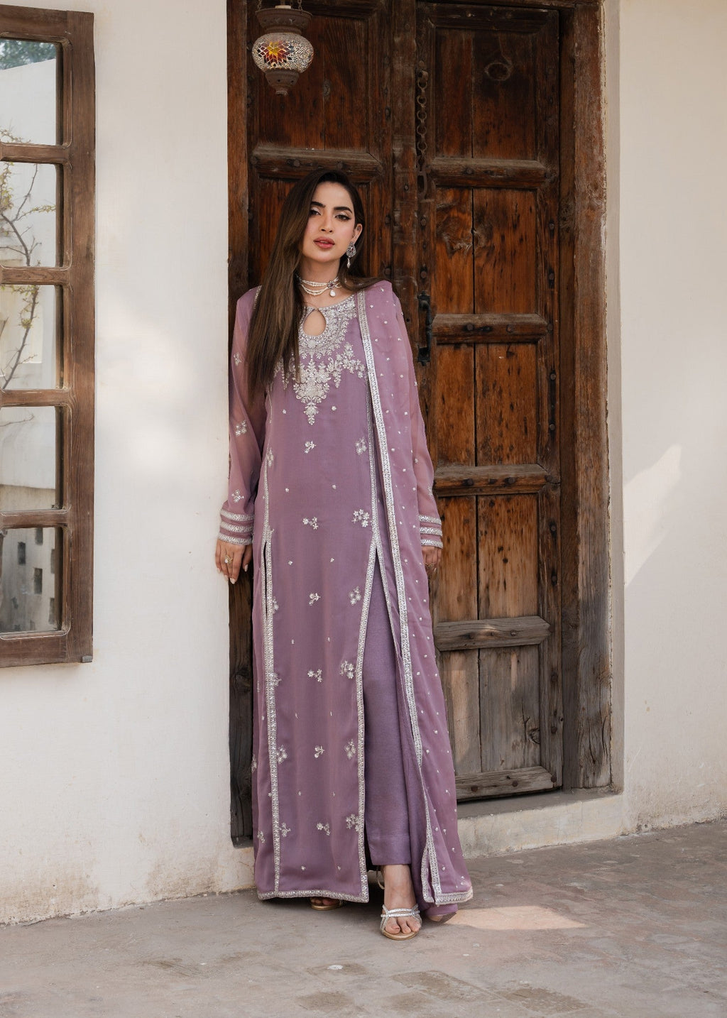 Embroidered Chiffon Straight Pishwas 3-Piece Suit – Heathered Lilac