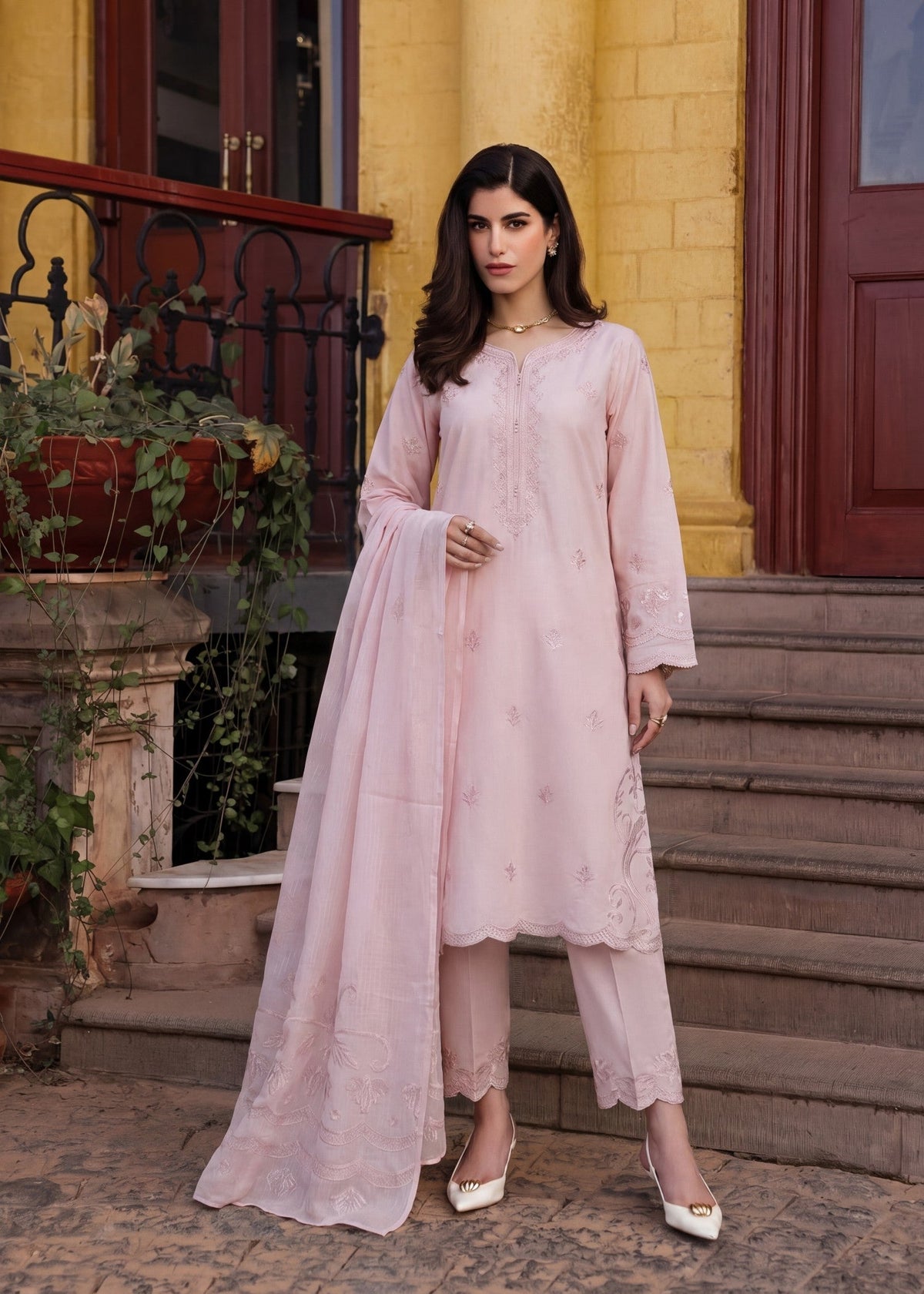 Embroidered Lawn 3-Piece Suit – Pink, Voile Dupatta