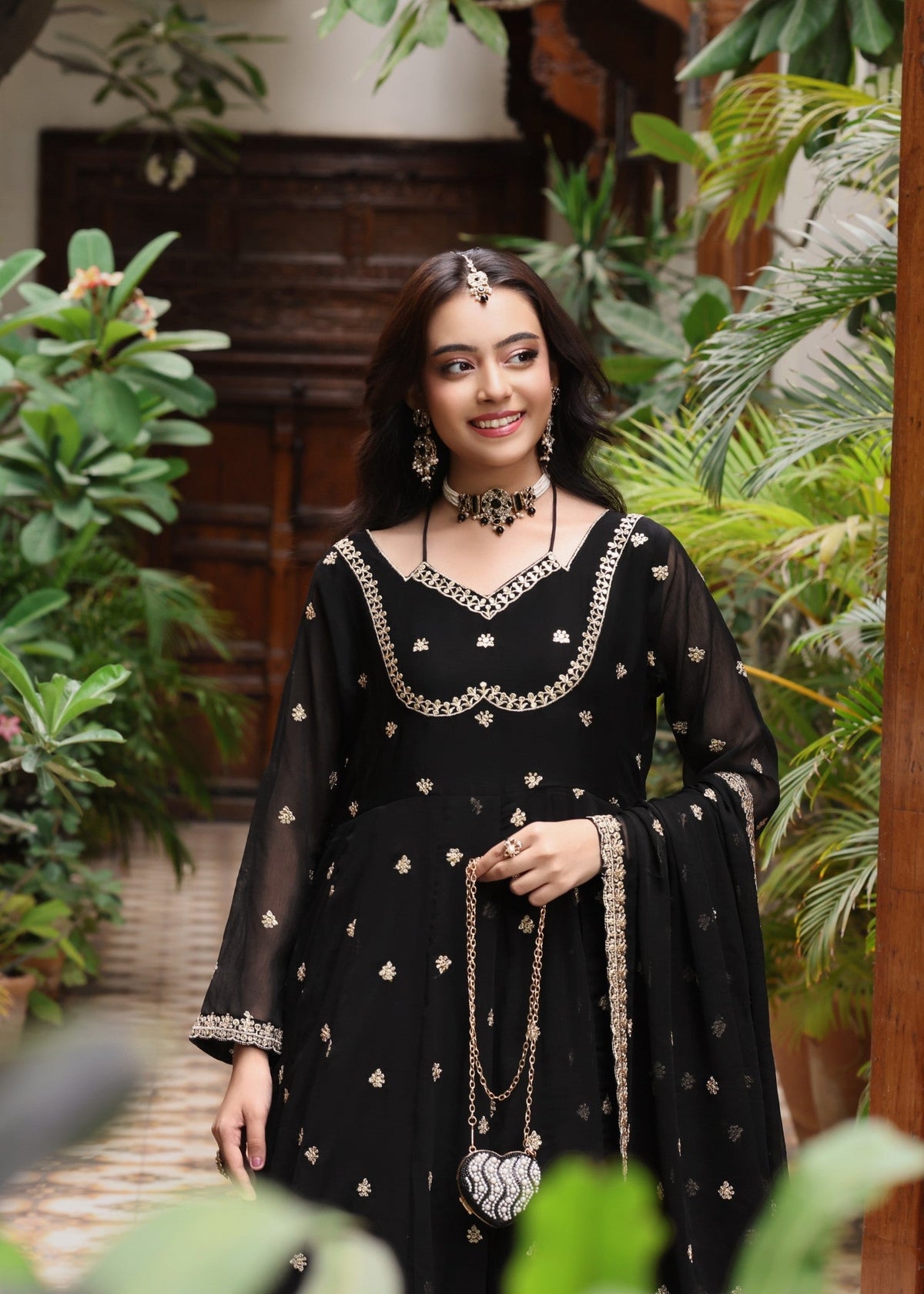 Embroidered Chiffon Flared Pishwas 3-Piece Suit – Black