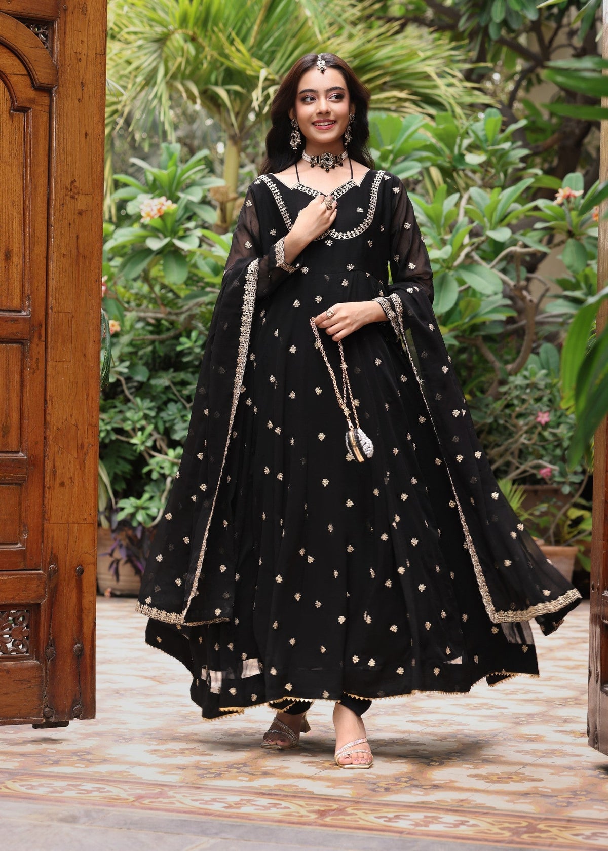 Embroidered Chiffon Flared Pishwas 3-Piece Suit – Black