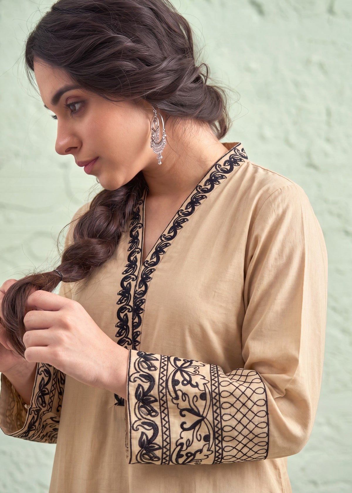 Embroidered Lawn 3-Piece Suit – Beige, Voile Dupatta