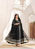 Embroidered Chiffon Long Angrakha 4-Piece Suit – Black