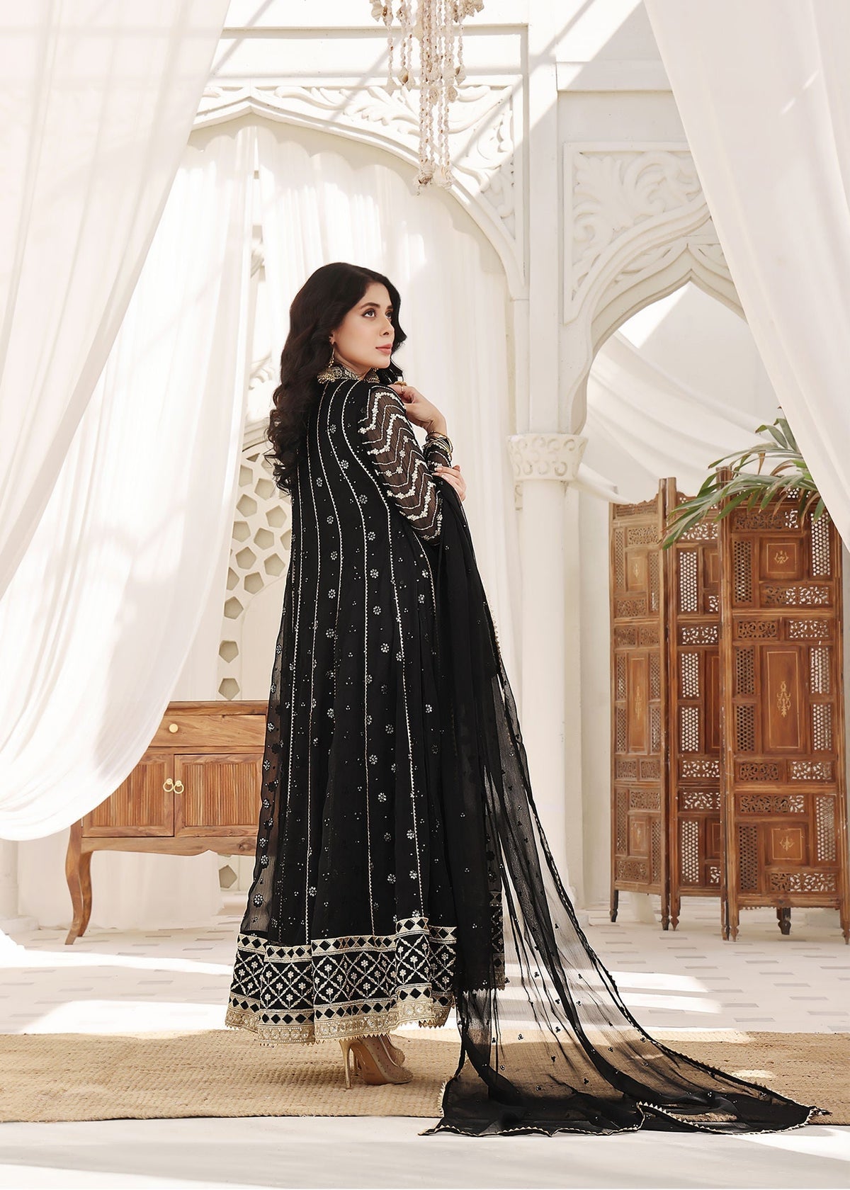 Embroidered Chiffon Long Angrakha 4-Piece Suit – Black