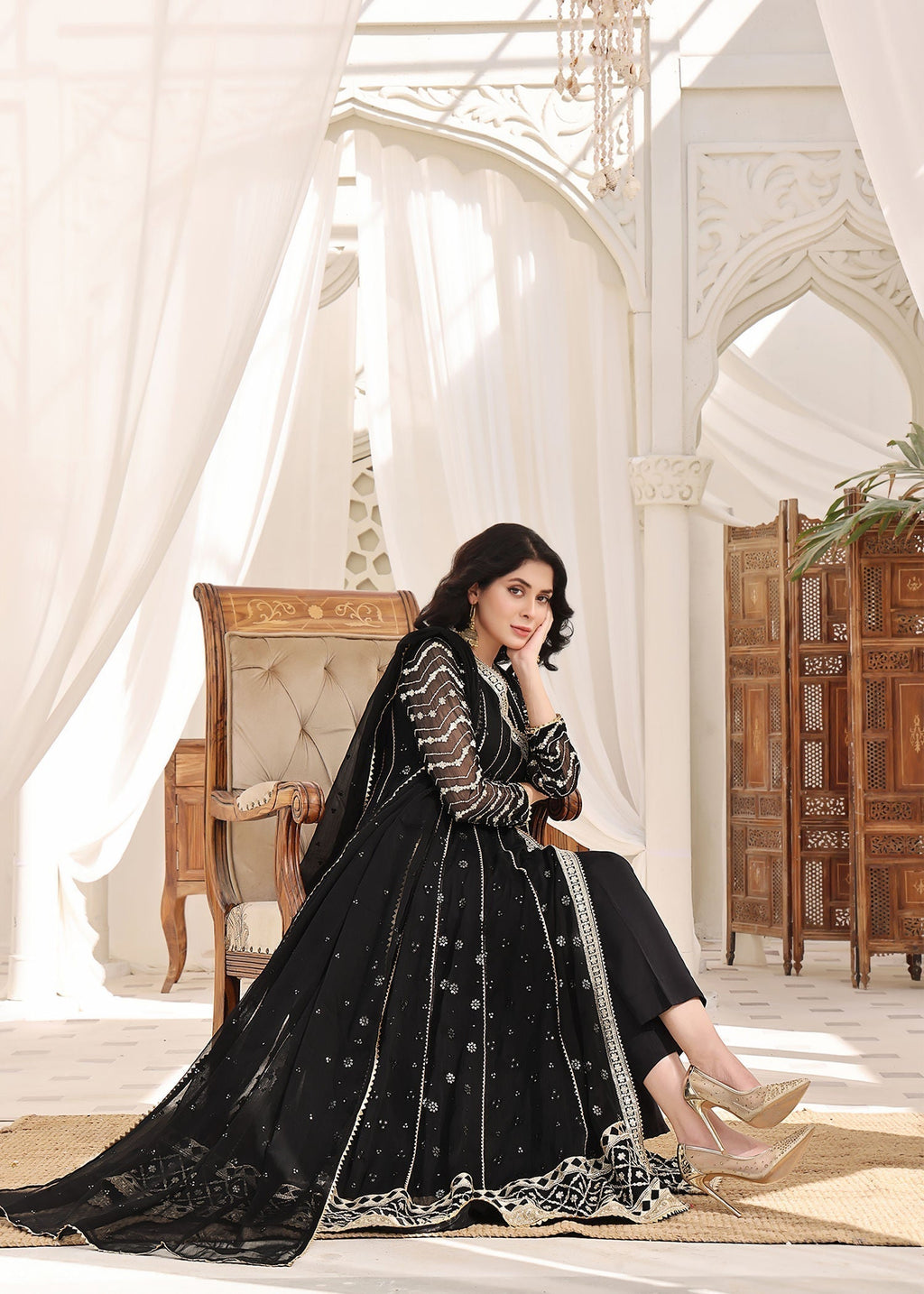 Embroidered Chiffon Long Angrakha 4-Piece Suit – Black