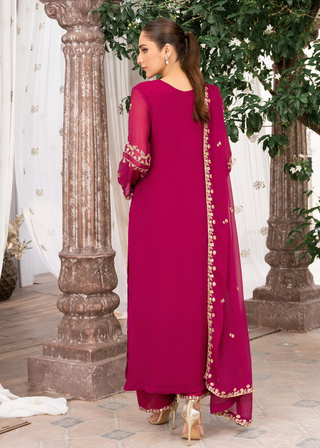 Embroidered Chiffon Long Kurta 3-Piece Suit – Magenta