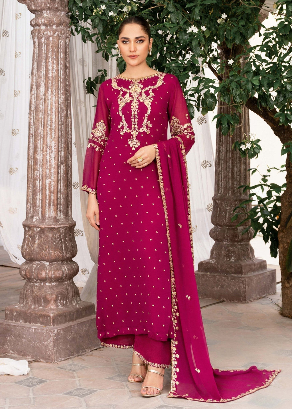 Embroidered Chiffon Long Kurta 3-Piece Suit – Magenta