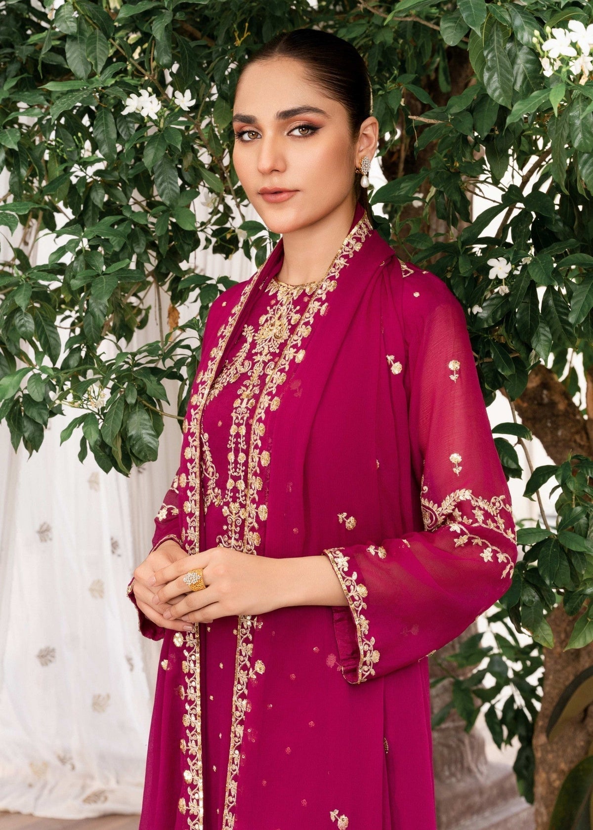 Embroidered Chiffon Long Kurta 3-Piece Suit – Magenta