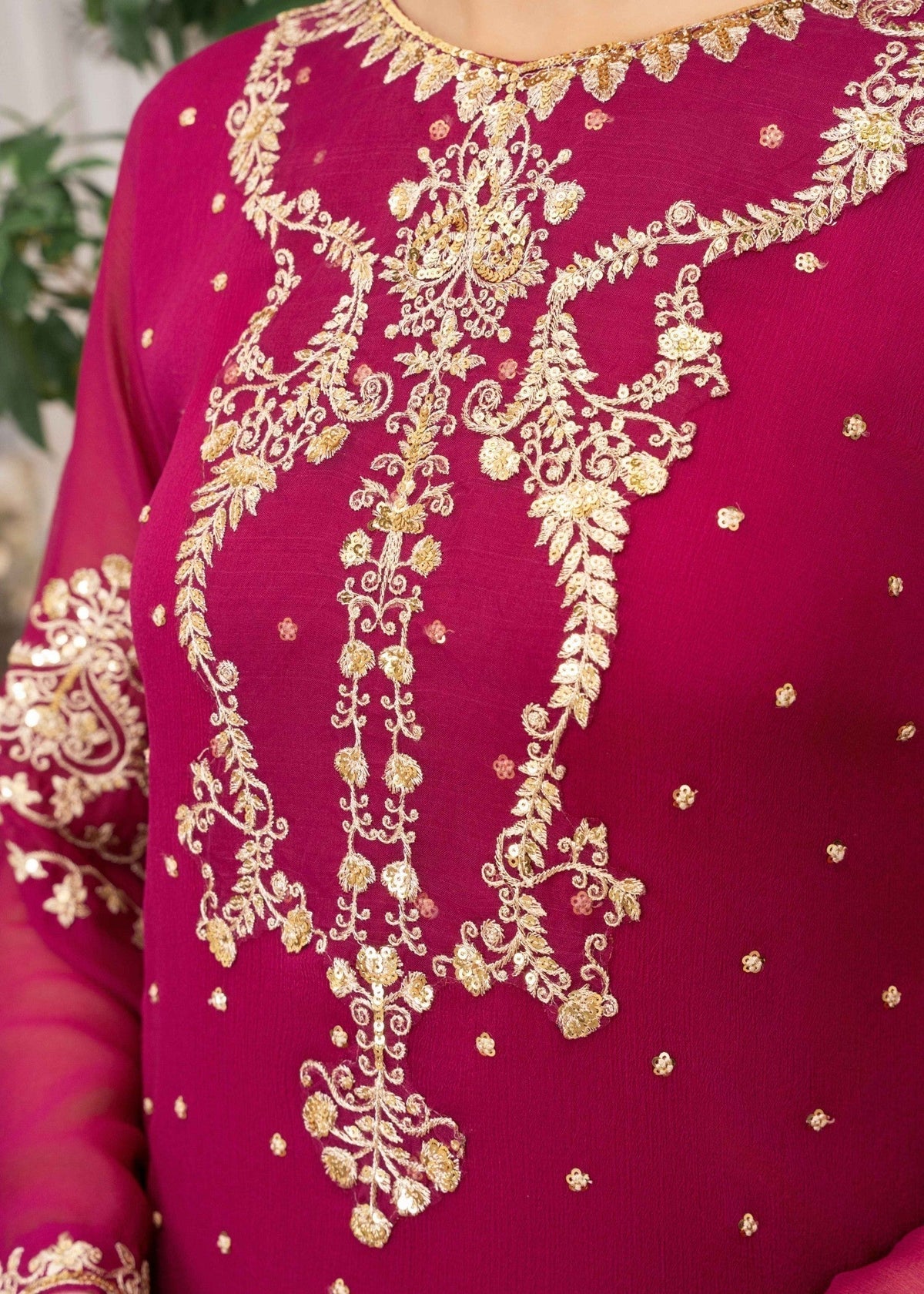 Embroidered Chiffon Long Kurta 3-Piece Suit – Magenta