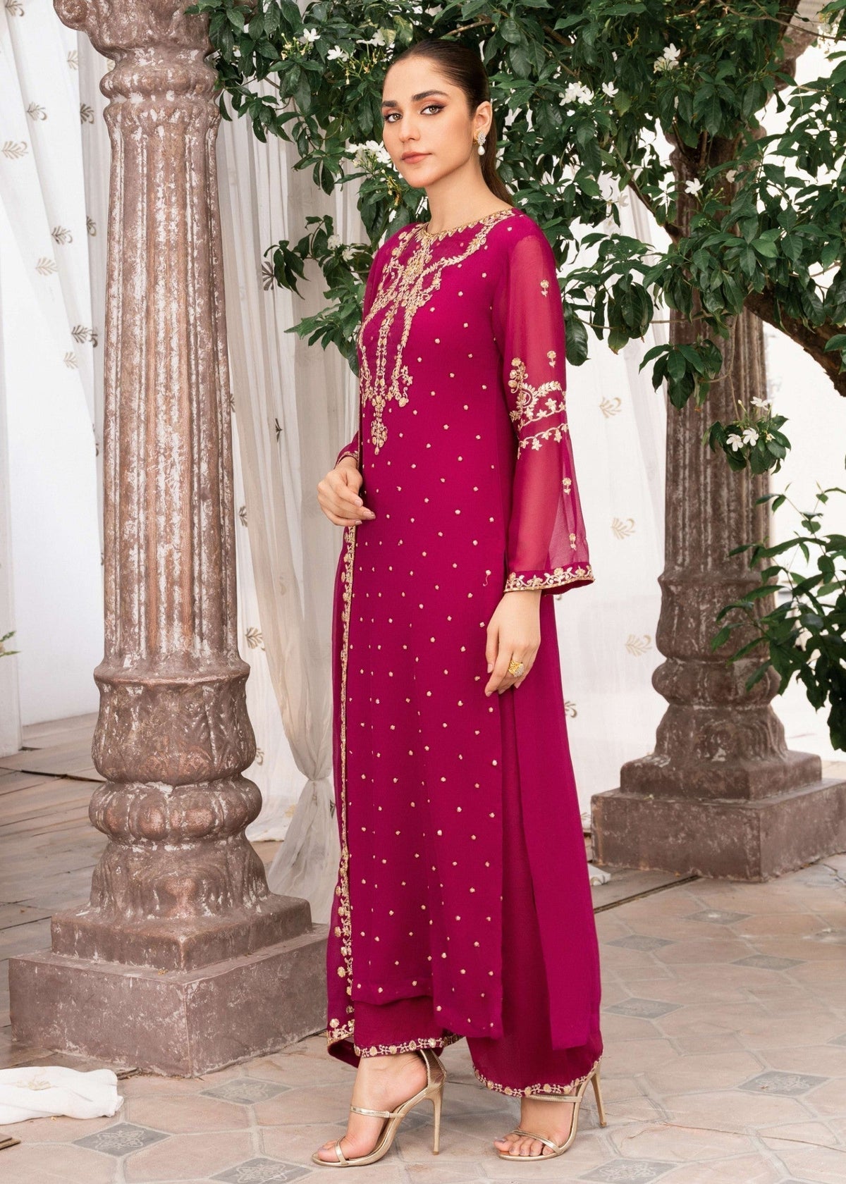Embroidered Chiffon Long Kurta 3-Piece Suit – Magenta