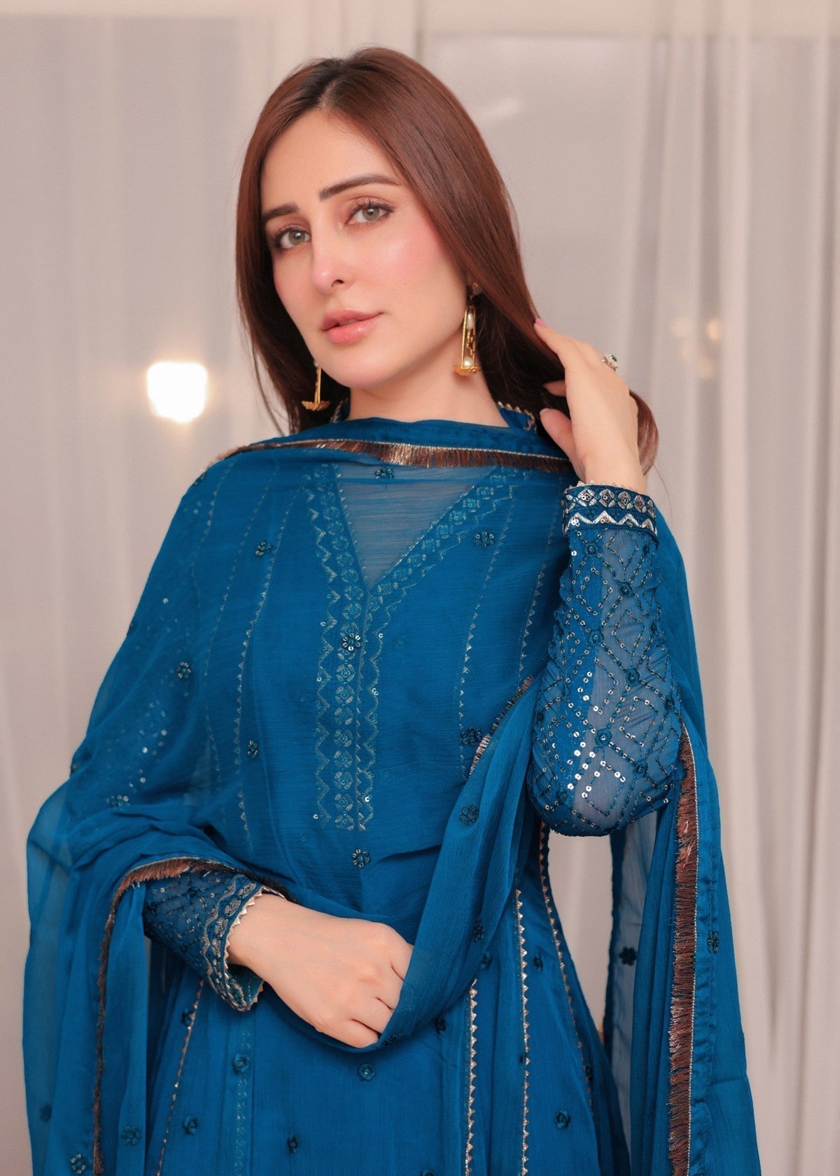 Embroidered Chiffon Flared Pishwas 4-Piece Suit – Blue