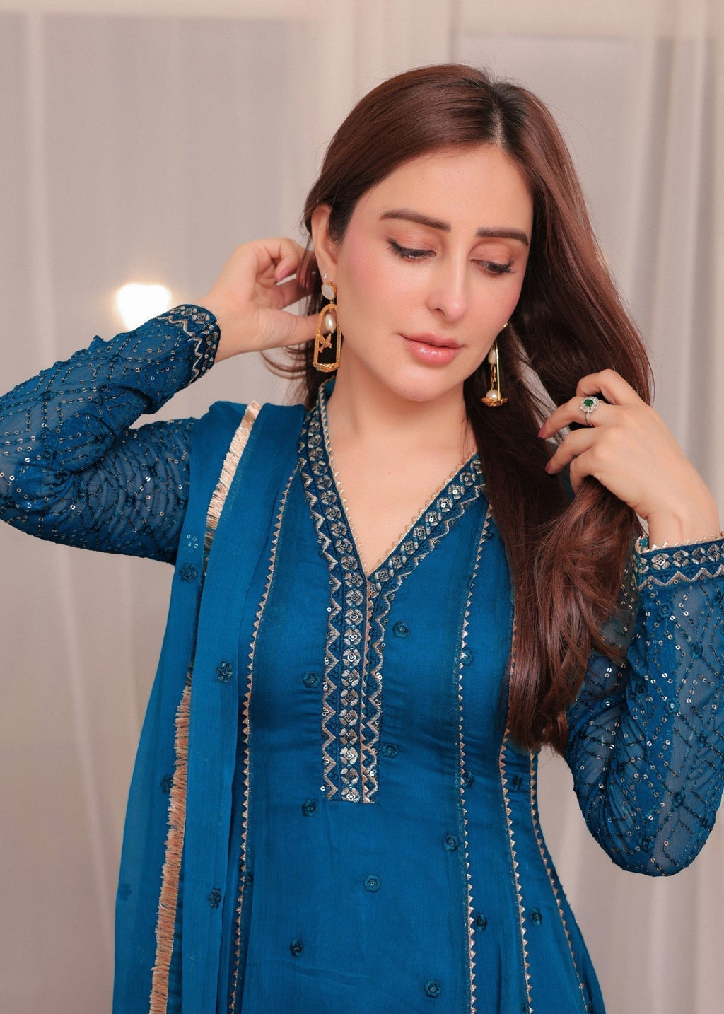 Embroidered Chiffon Flared Pishwas 4-Piece Suit – Blue