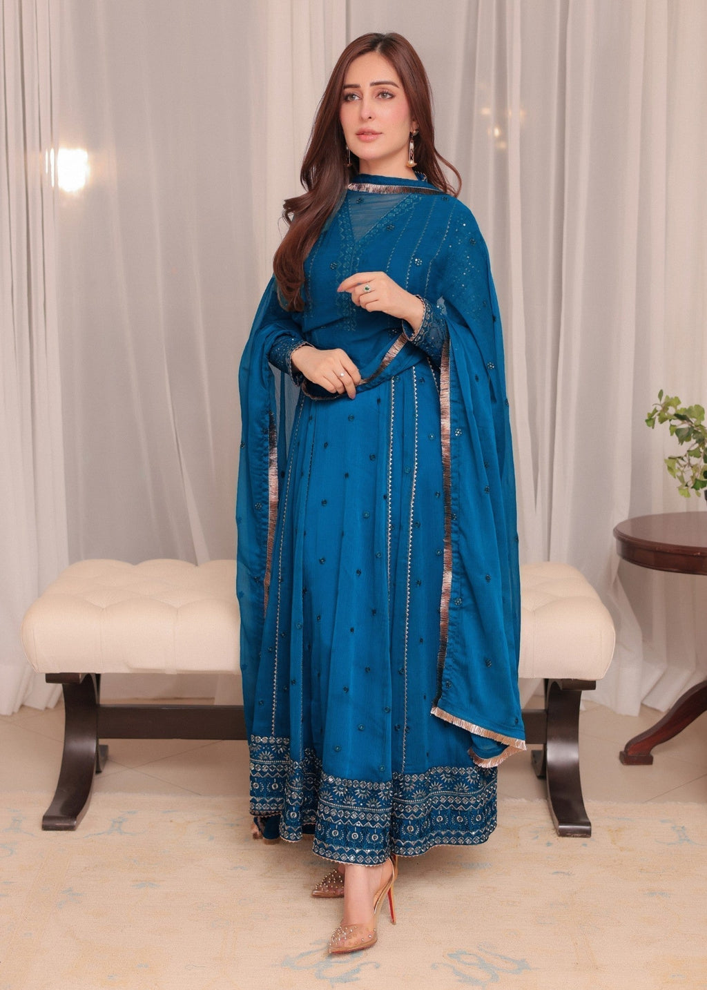 Embroidered Chiffon Flared Pishwas 4-Piece Suit – Blue