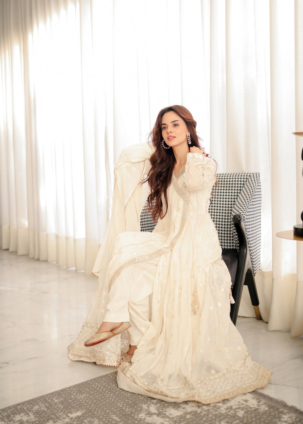 Embroidered Chiffon Angrakha 4-Piece Suit – Off-White, Formal Wear