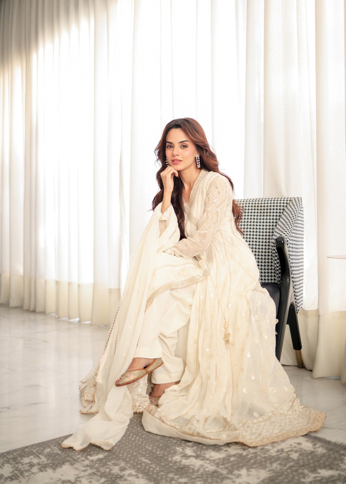 Embroidered Chiffon Angrakha 4-Piece Suit – Off-White, Formal Wear