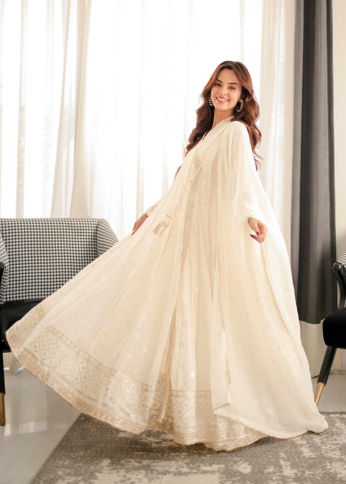 Embroidered Chiffon Angrakha 4-Piece Suit – Off-White, Formal Wear