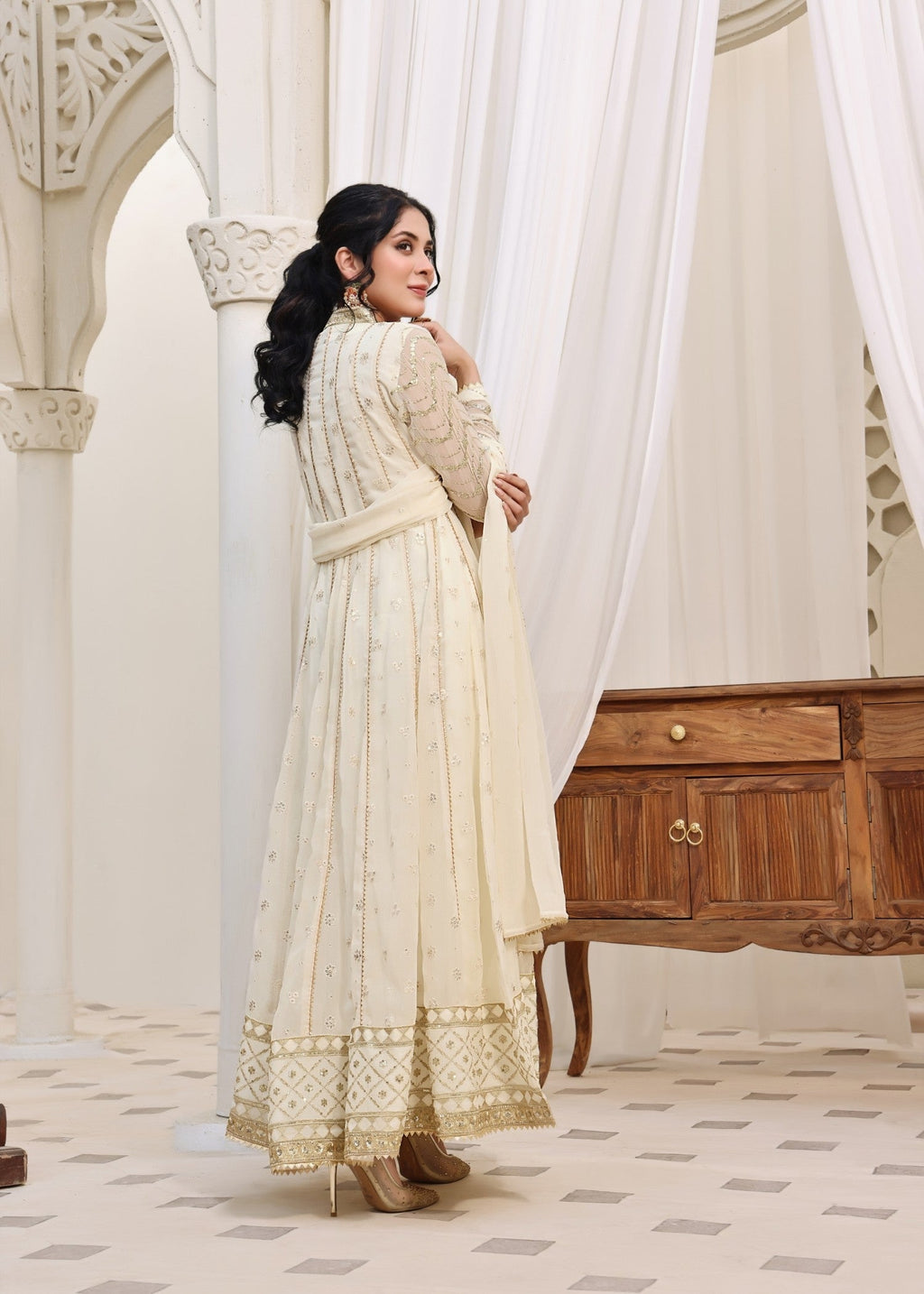 Embroidered Chiffon Angrakha 4-Piece Suit – Off-White, Formal Wear