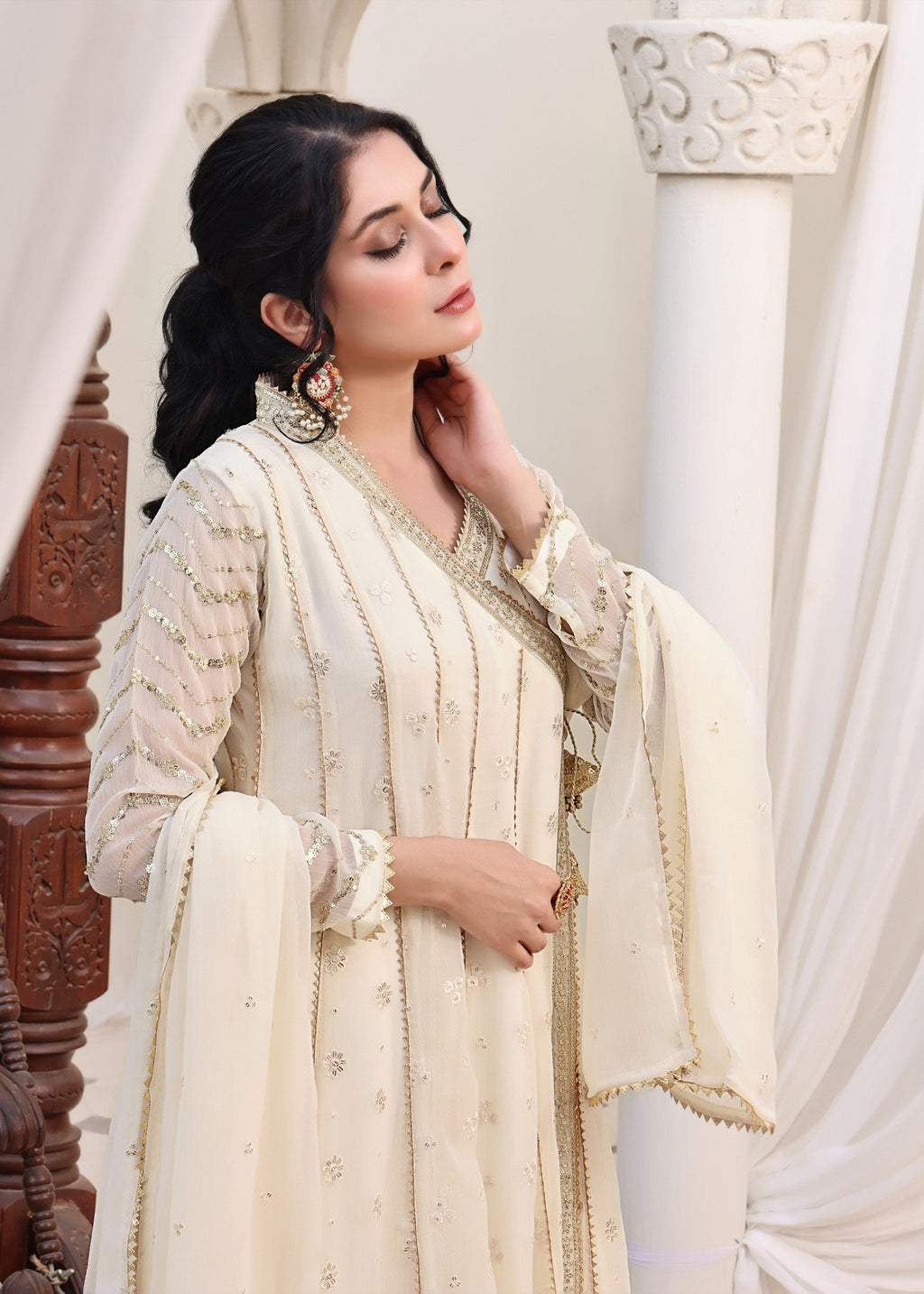 Embroidered Chiffon Angrakha 4-Piece Suit – Off-White, Formal Wear