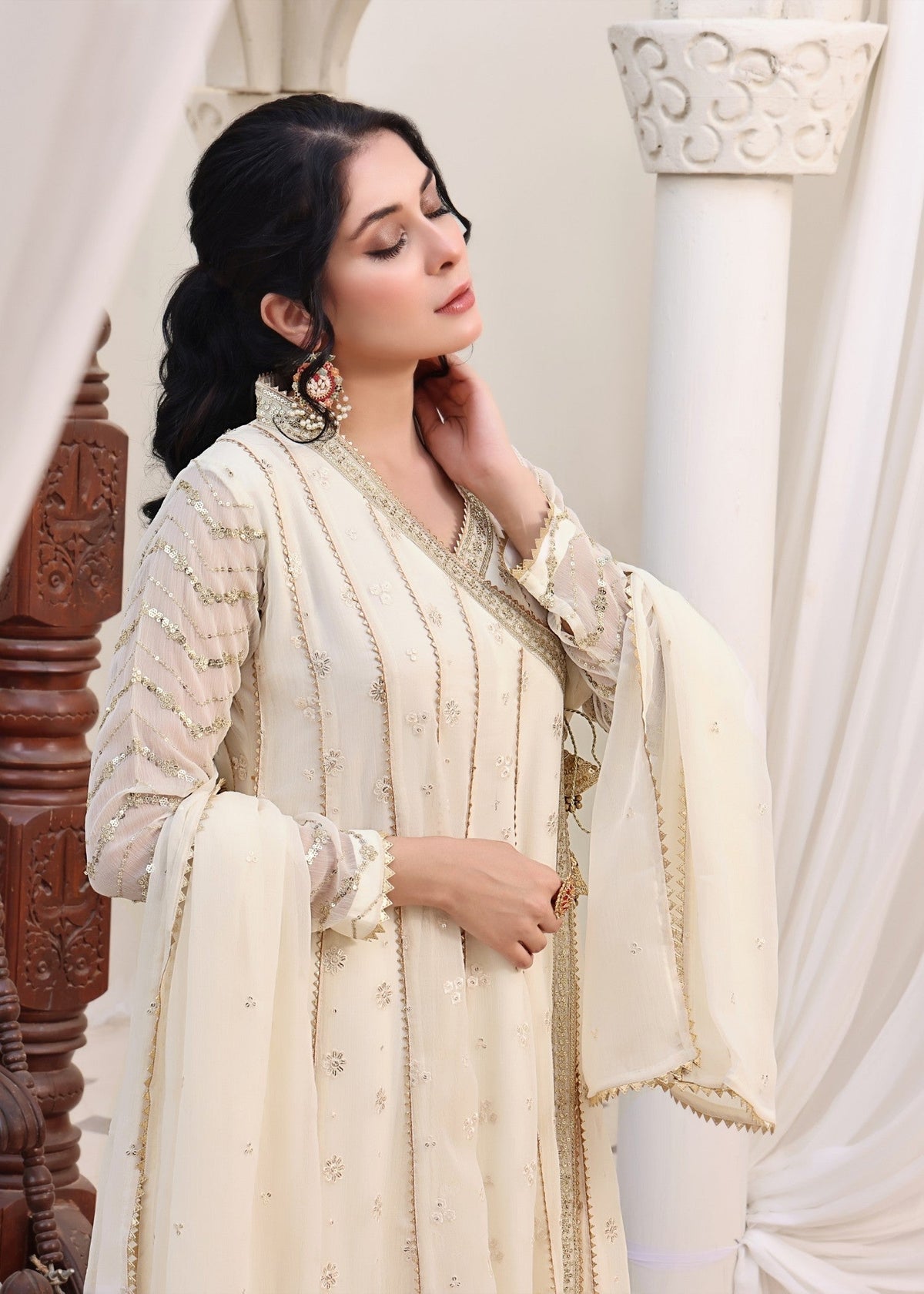Embroidered Chiffon Angrakha 4-Piece Suit – Off-White, Formal Wear