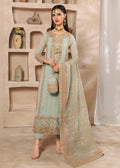Embroidered Chiffon Long Kurta 3-Piece Suit – Pastel Green, Organza Dupatta