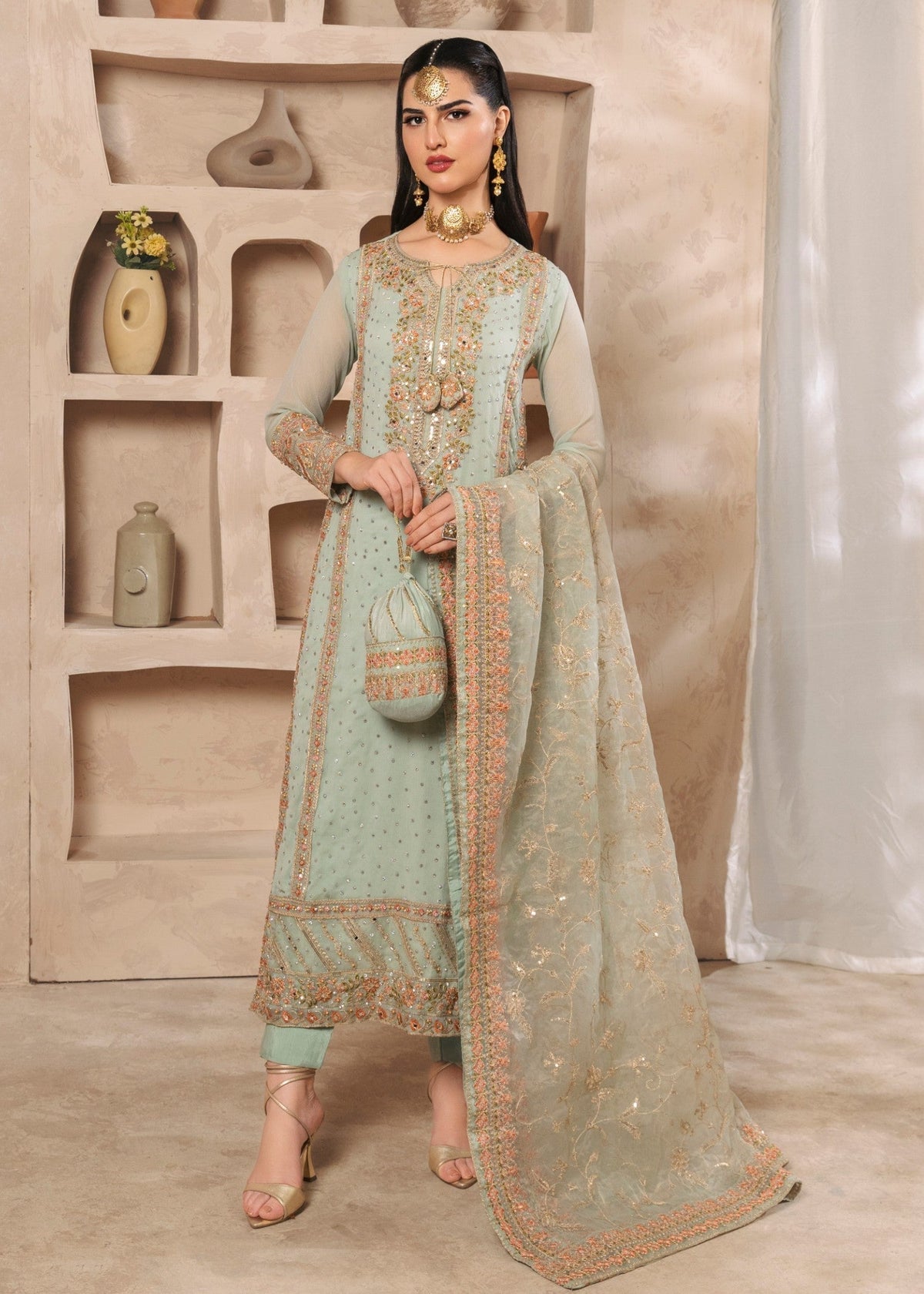 Embroidered Chiffon Long Kurta 3-Piece Suit – Pastel Green, Organza Dupatta