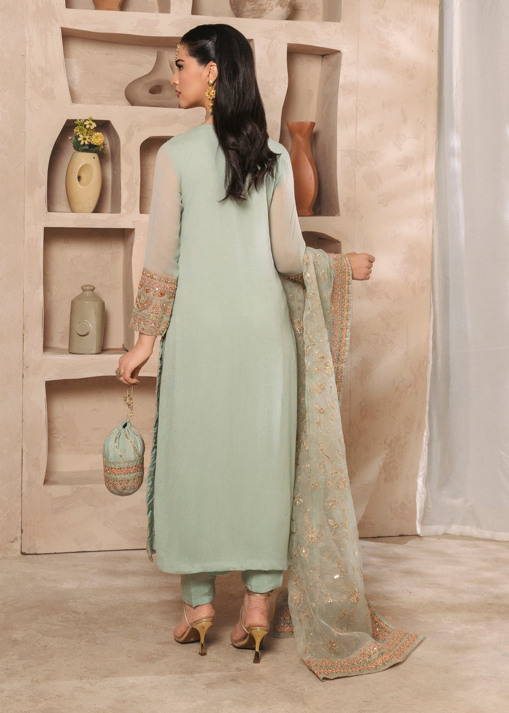 Embroidered Chiffon Long Kurta 3-Piece Suit – Pastel Green, Organza Dupatta