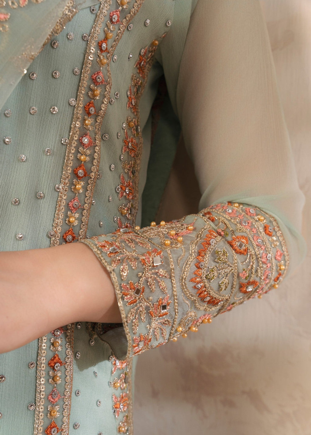 Embroidered Chiffon Long Kurta 3-Piece Suit – Pastel Green, Organza Dupatta