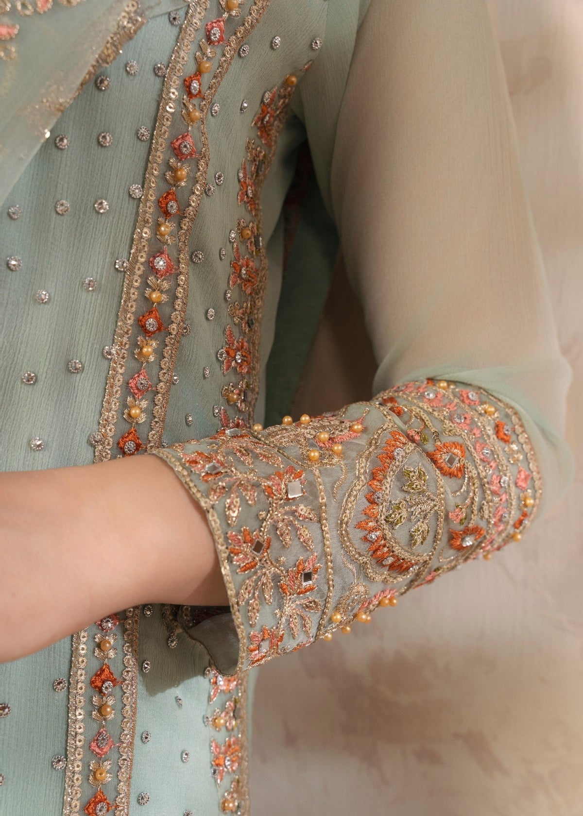 Embroidered Chiffon Long Kurta 3-Piece Suit – Pastel Green, Organza Dupatta